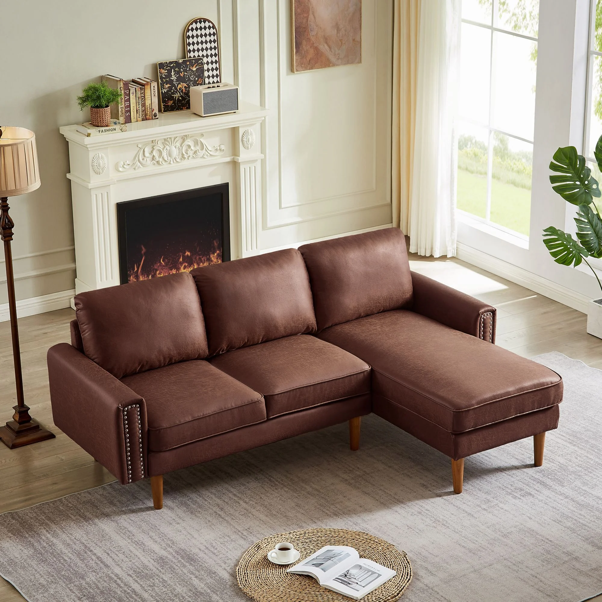 DEALTOPS Mid-Century L-Shaped Sofa Couch, Sectional Couch with Left Chaise and Copper Nails, Dark Brown