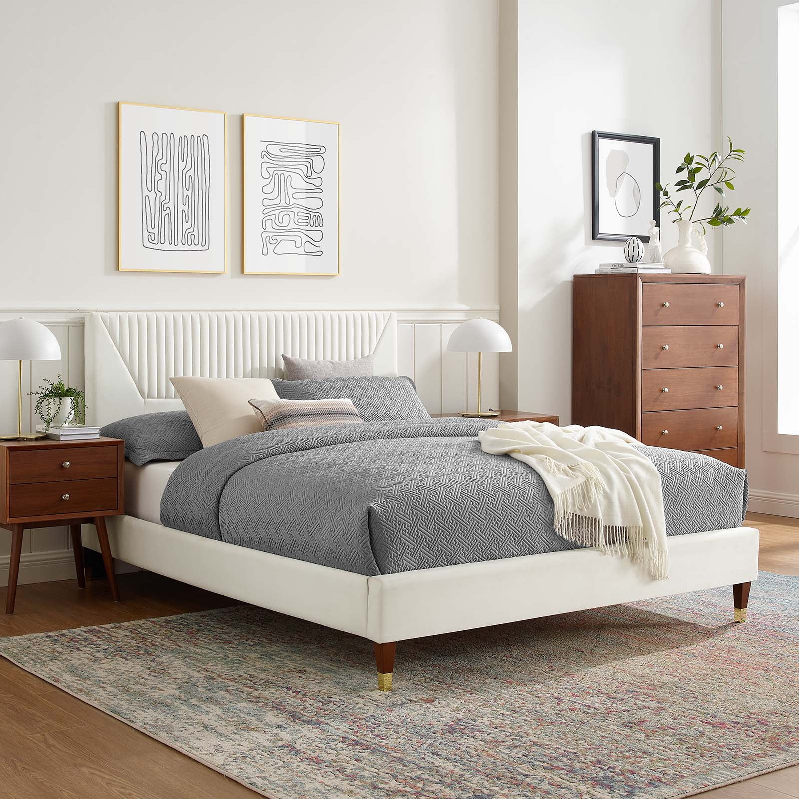 Modway Yasmine Channel Tufted Performance Velvet King Platform Bed in White