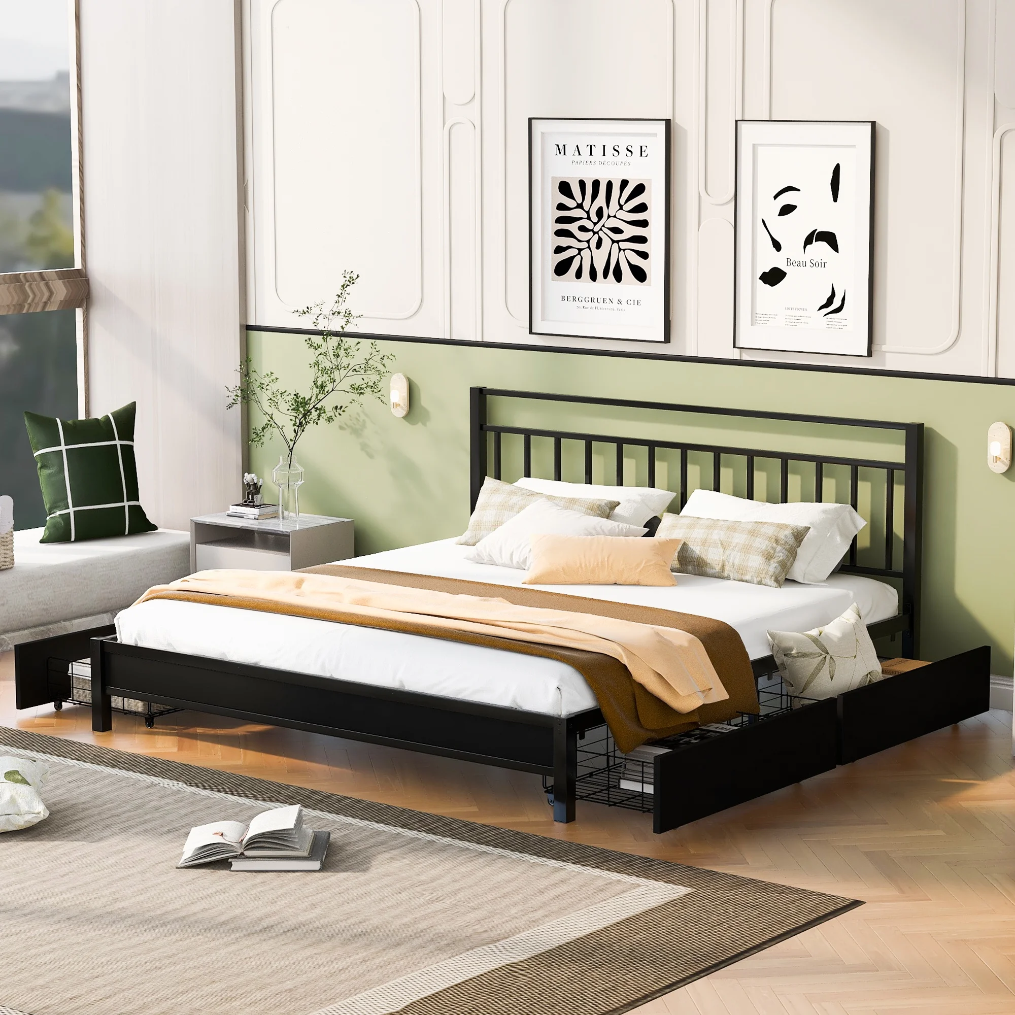 Churanty Metal King Size Storage Platform Bed with 4 Drawers and Headboard,King Platform Bed Frame with Large Storage Space for Teens Adults,Black