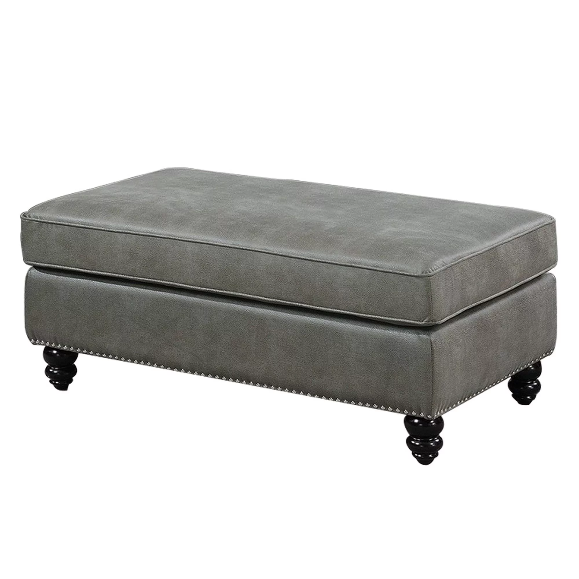 Leatherette Ottoman with Nailhead Trim and Turned Feet, Gray