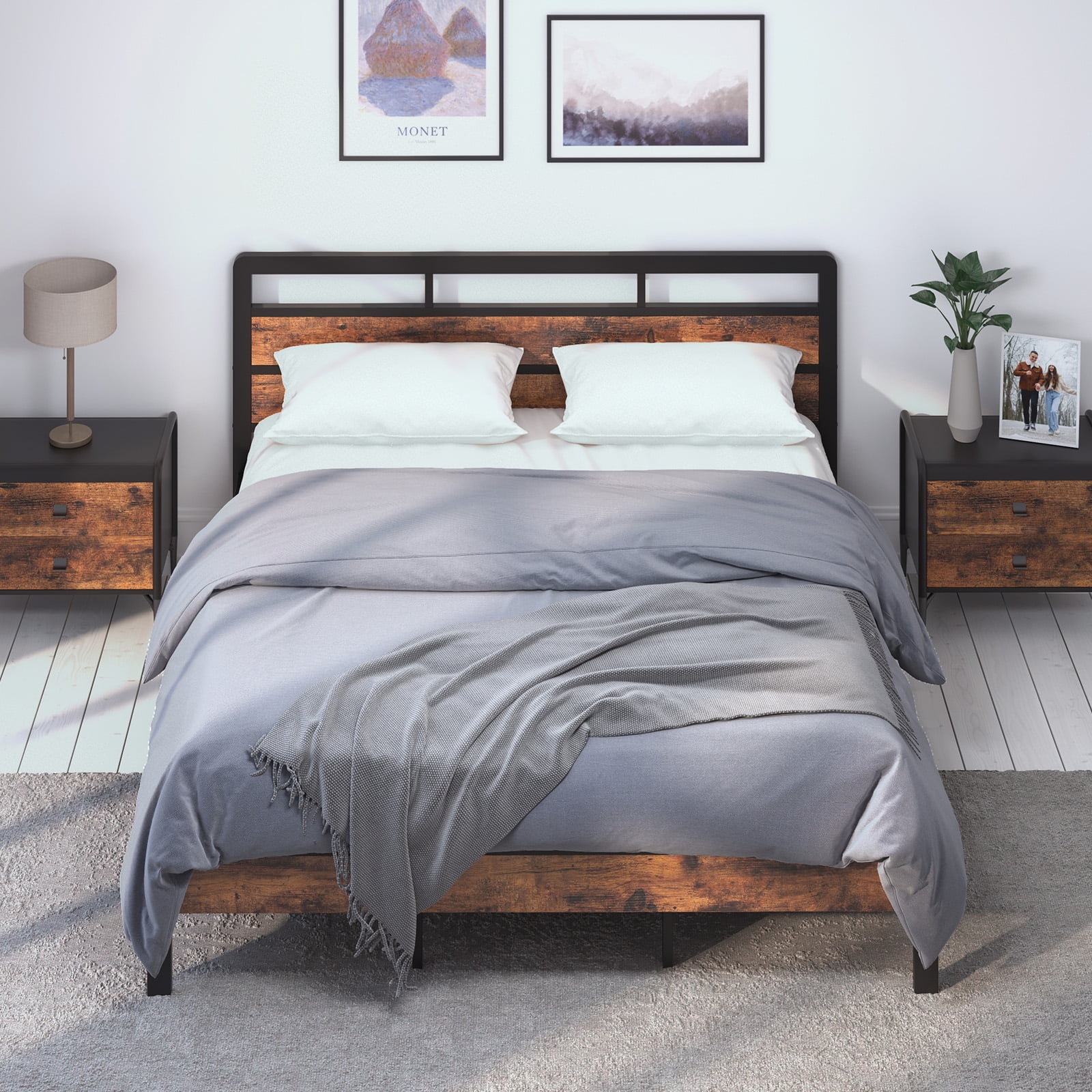 Brown Queen Size Metal Platform Bed Frame with Headboard & Footboard and Large Under Bed Storage
