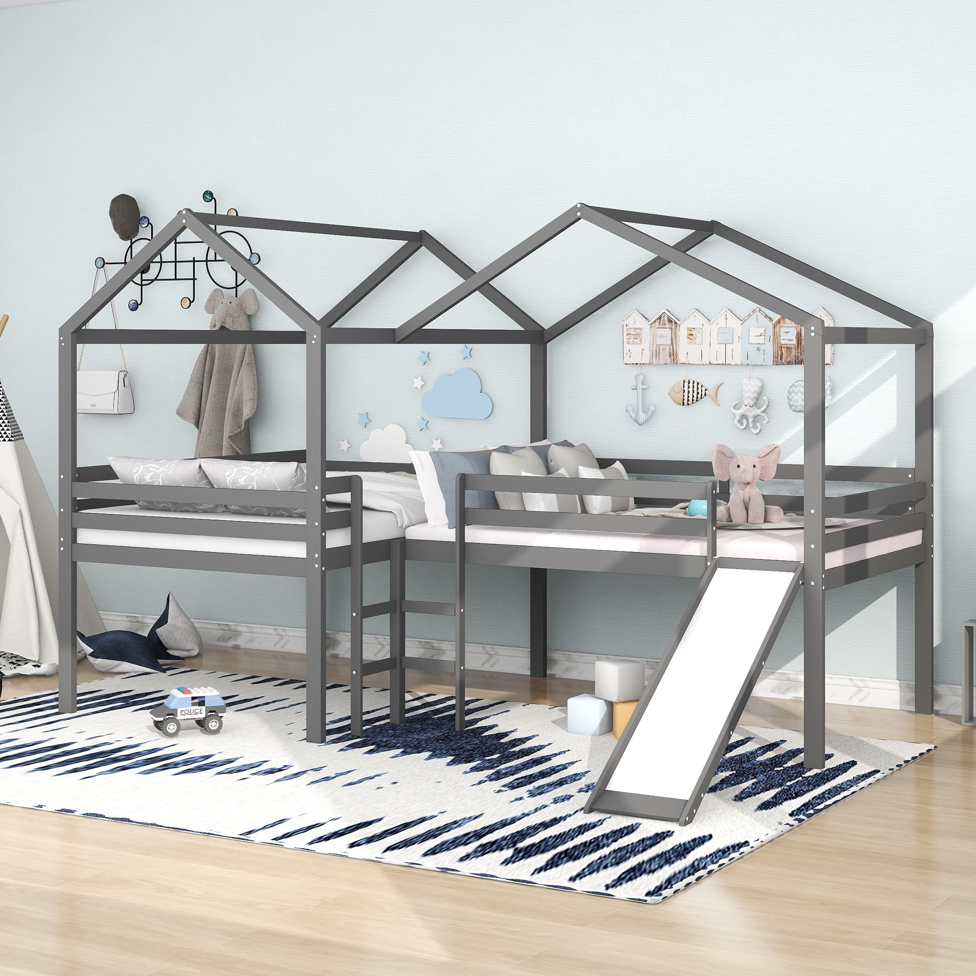 Gray Full Size Loft Bed Wood Bed with Roof,Slide,Guardrail,House Bed