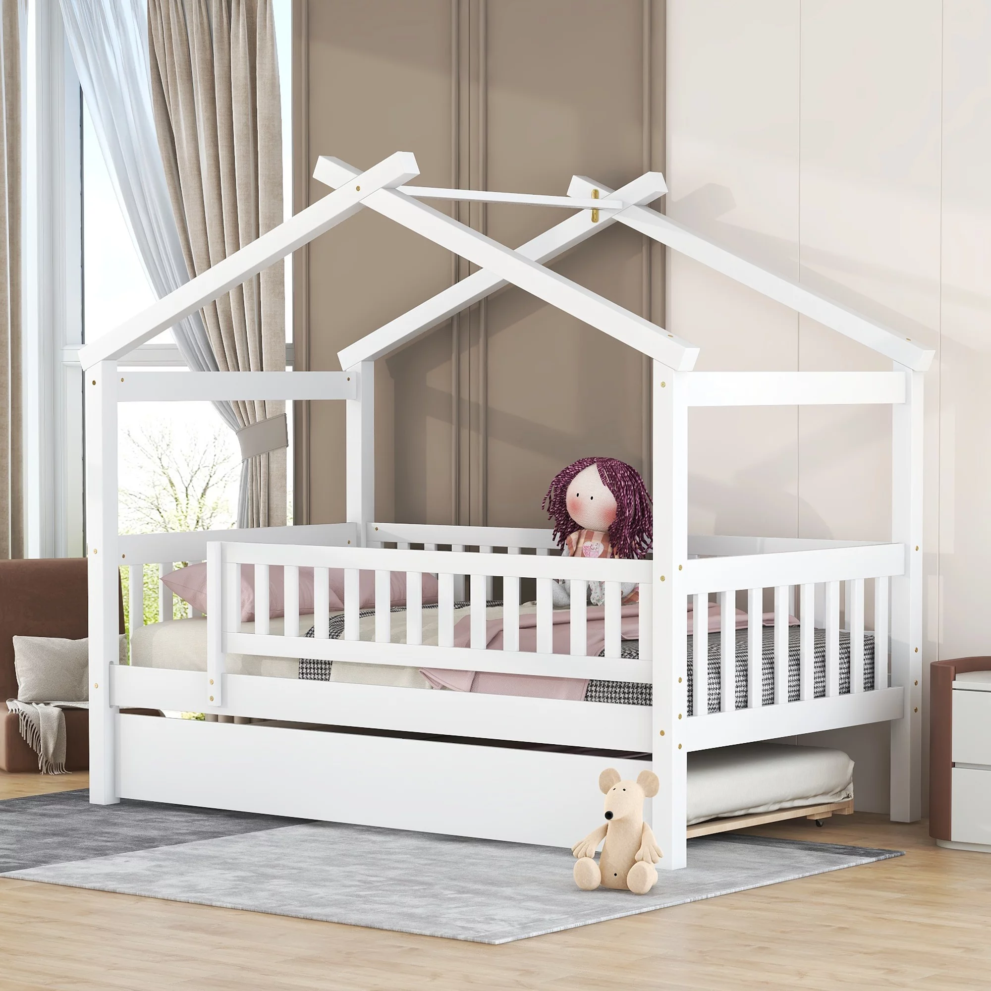 Bellemave Twin Size House Bed with Trundle Playhouse Platform Bed Wooden House-shaped Bed Frame with Fence Guardrail and Roof Tent Beds for Kids, Boys, Girls, Teens (White, Twin Size)