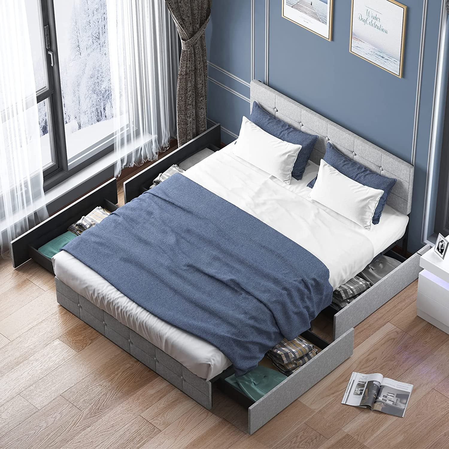 ZAFLY Queen Platform Bed Frame with 4 Storage Drawers,Queen Size Bed Frame with Linen Fabric Headboard,Square Stitched Button Tufted Design,Wooden Slats Support,No Box Spring Needed,Light Grey