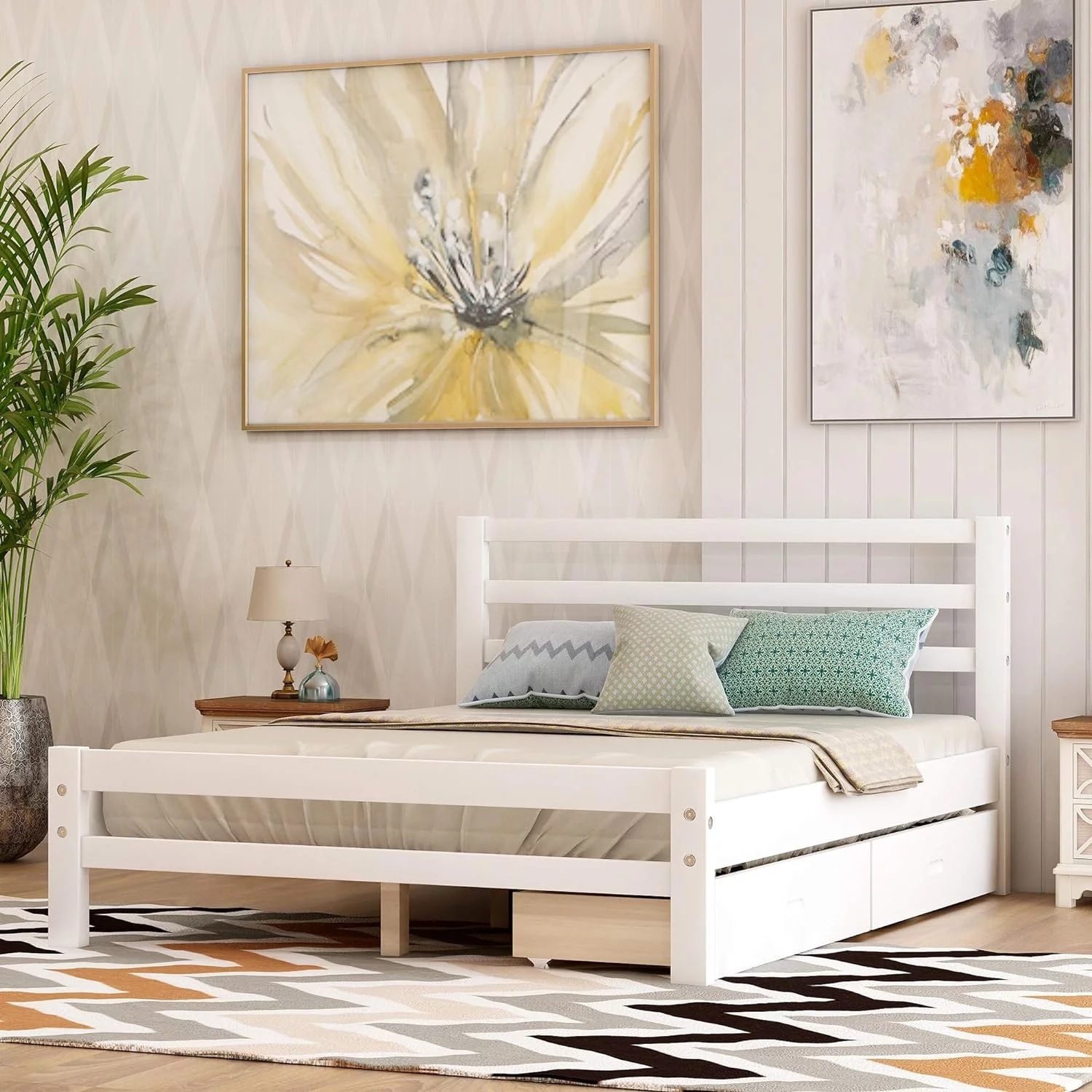 Full Size Platform Bed With Two Storage Drawers, Wooden Platform Bed With Headboard And Footboard, White