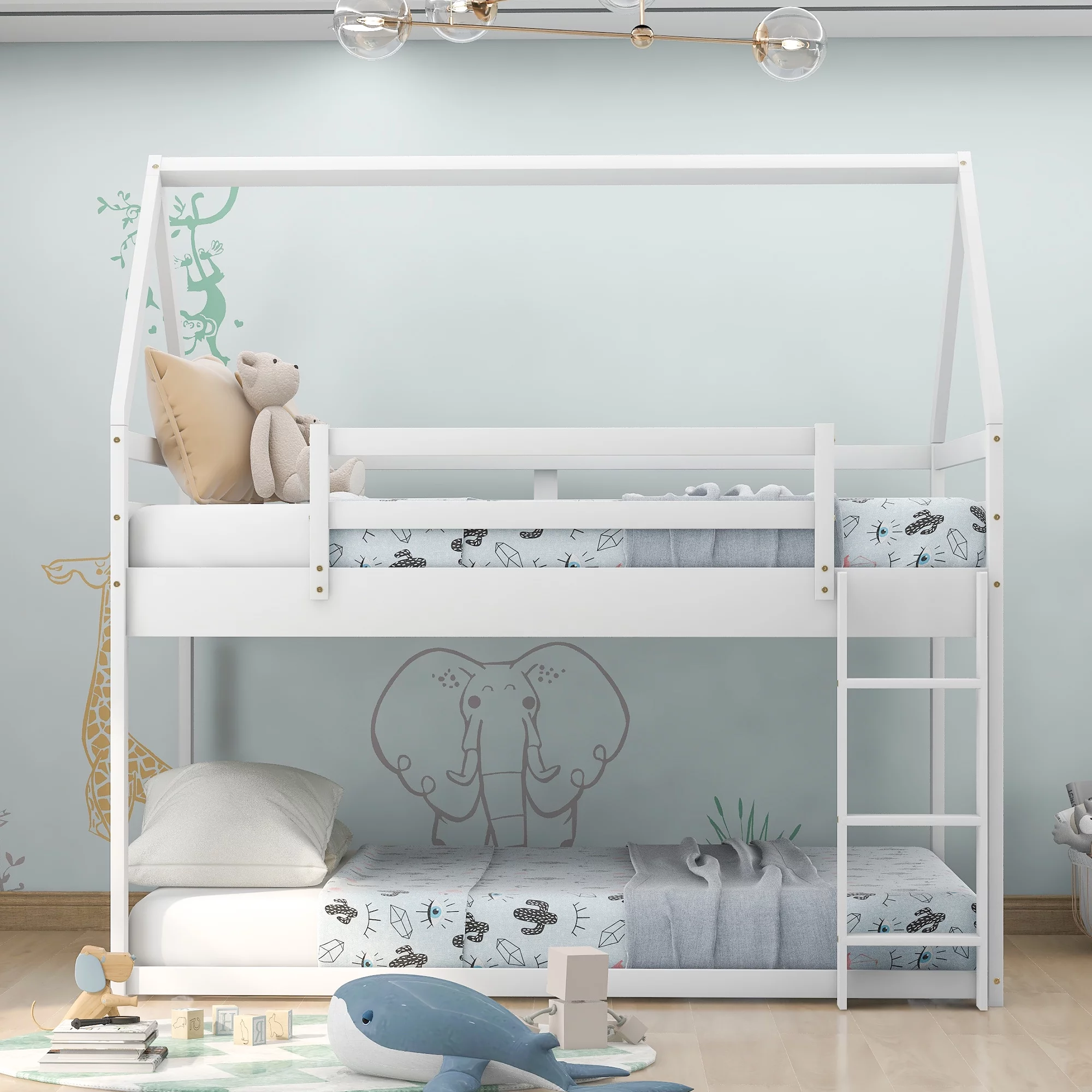 Euroco Twin over Twin House Bed, Low Bunk Bed for Kid's Room, White