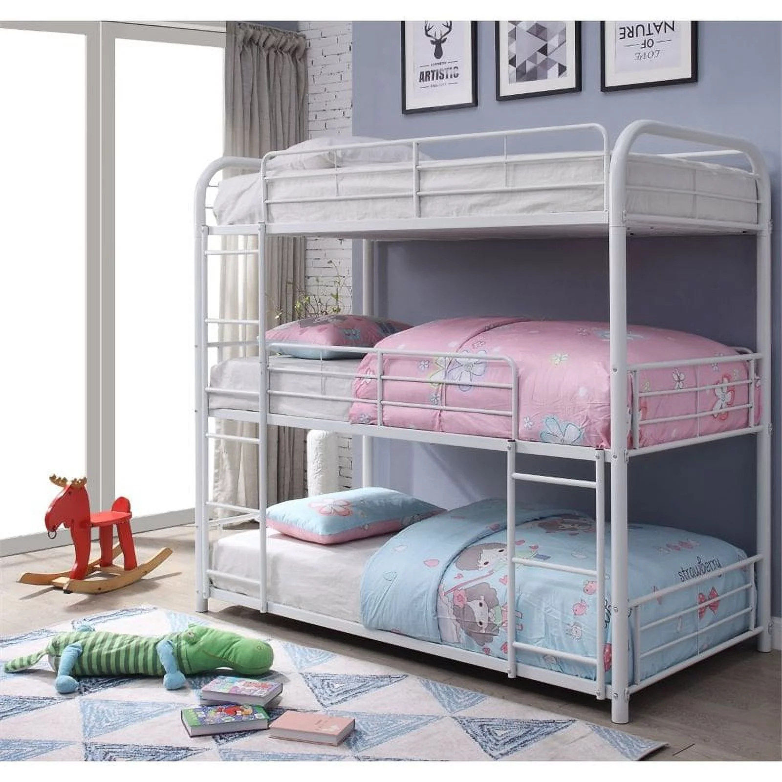 Bowery Hill Industrial Metal 2 Built-in Ladders Triple Twin Bunk Bed in White