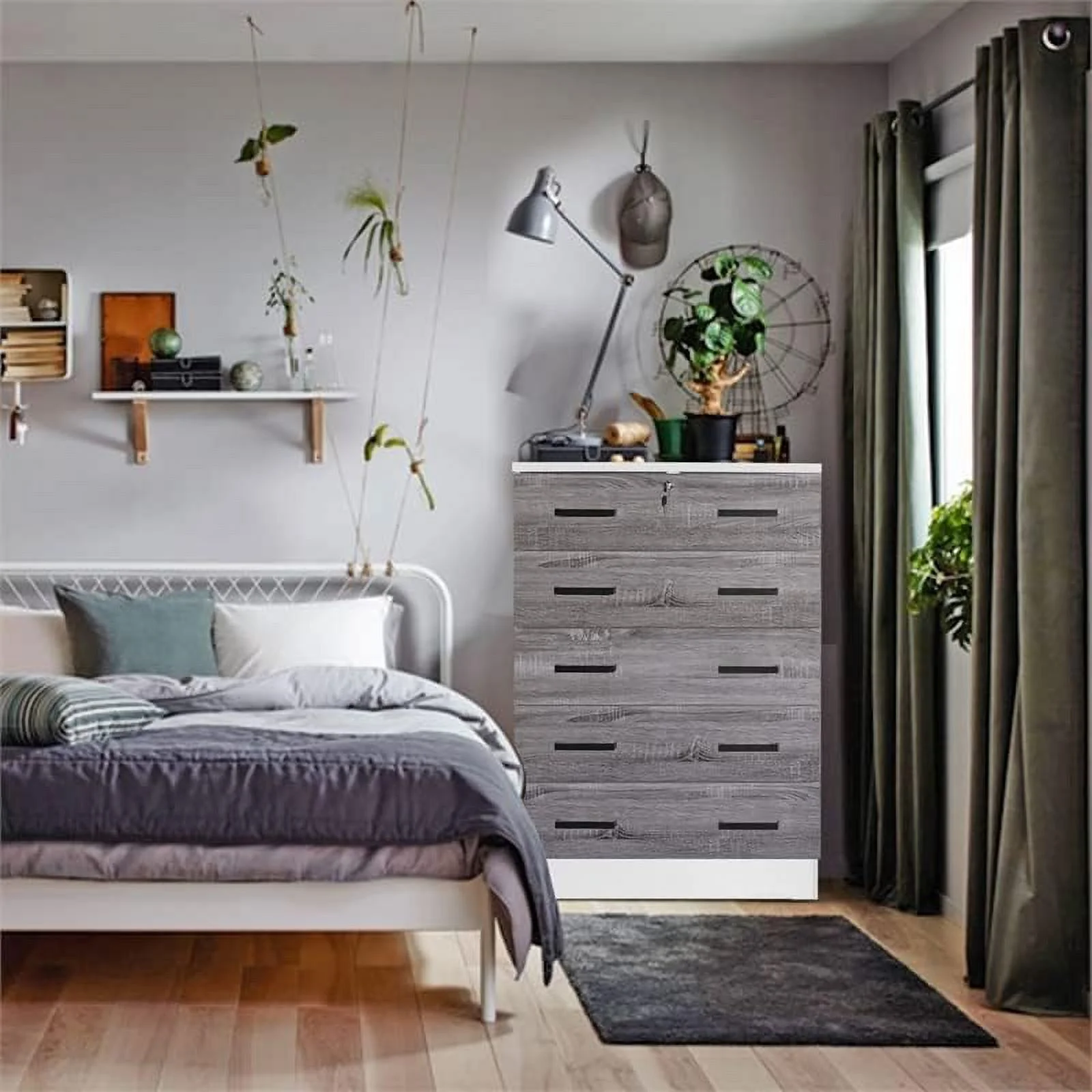 Modern 5 Drawer Wooden Bedroom Dresser With Lock In White/Gray