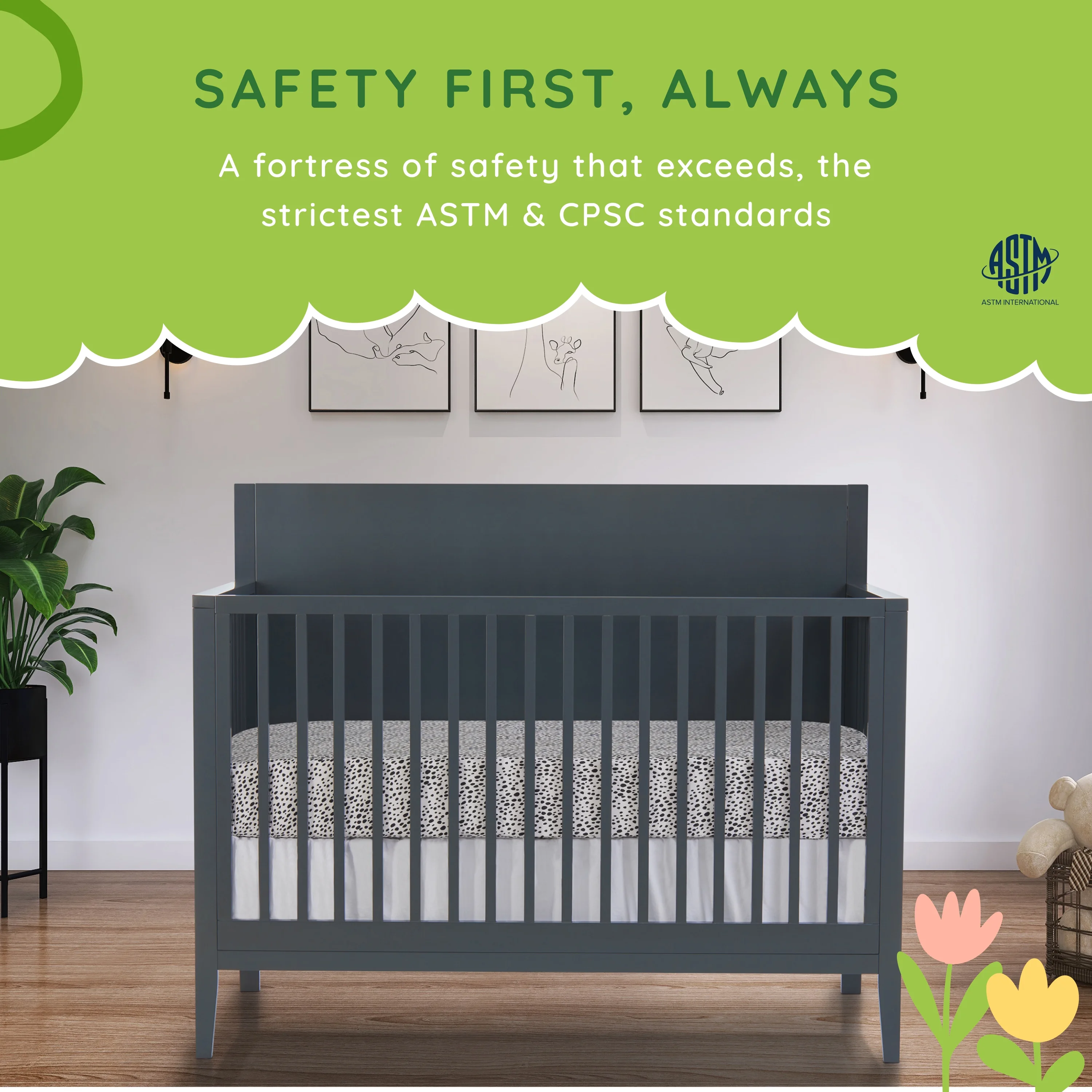 Dream On Me Sedona 3-in-1 Convertible Crib, New Zealand Pinewood, Non-Toxic Finish, Carbon