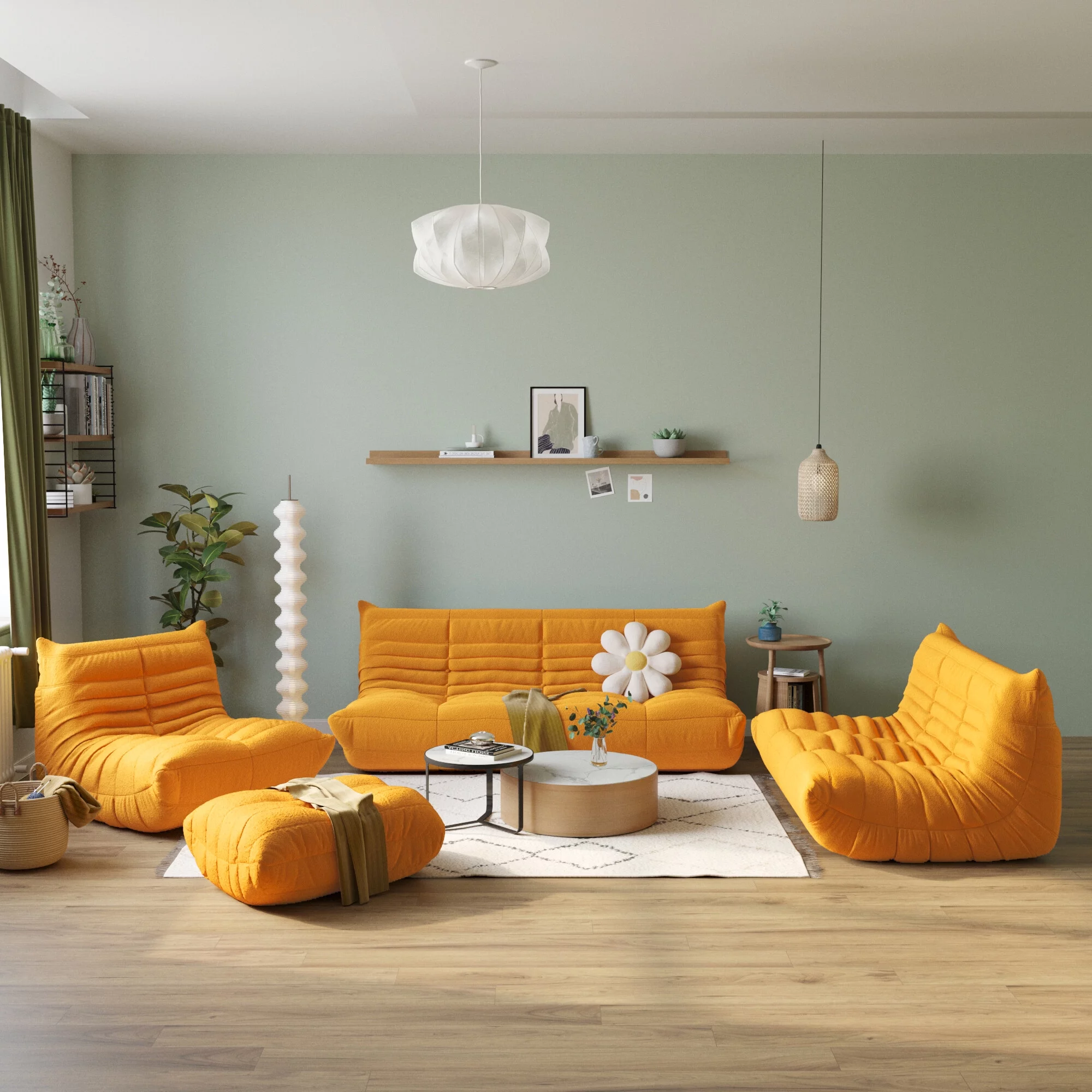 Magic Home Modern Sectional Sofa Togo Sofa Lazy Sofa Floor Sofa Foam Sofa Teddy Velvet Couch for Living Room and Apartment,6 Seat Sofa and Ottoman,Yellow