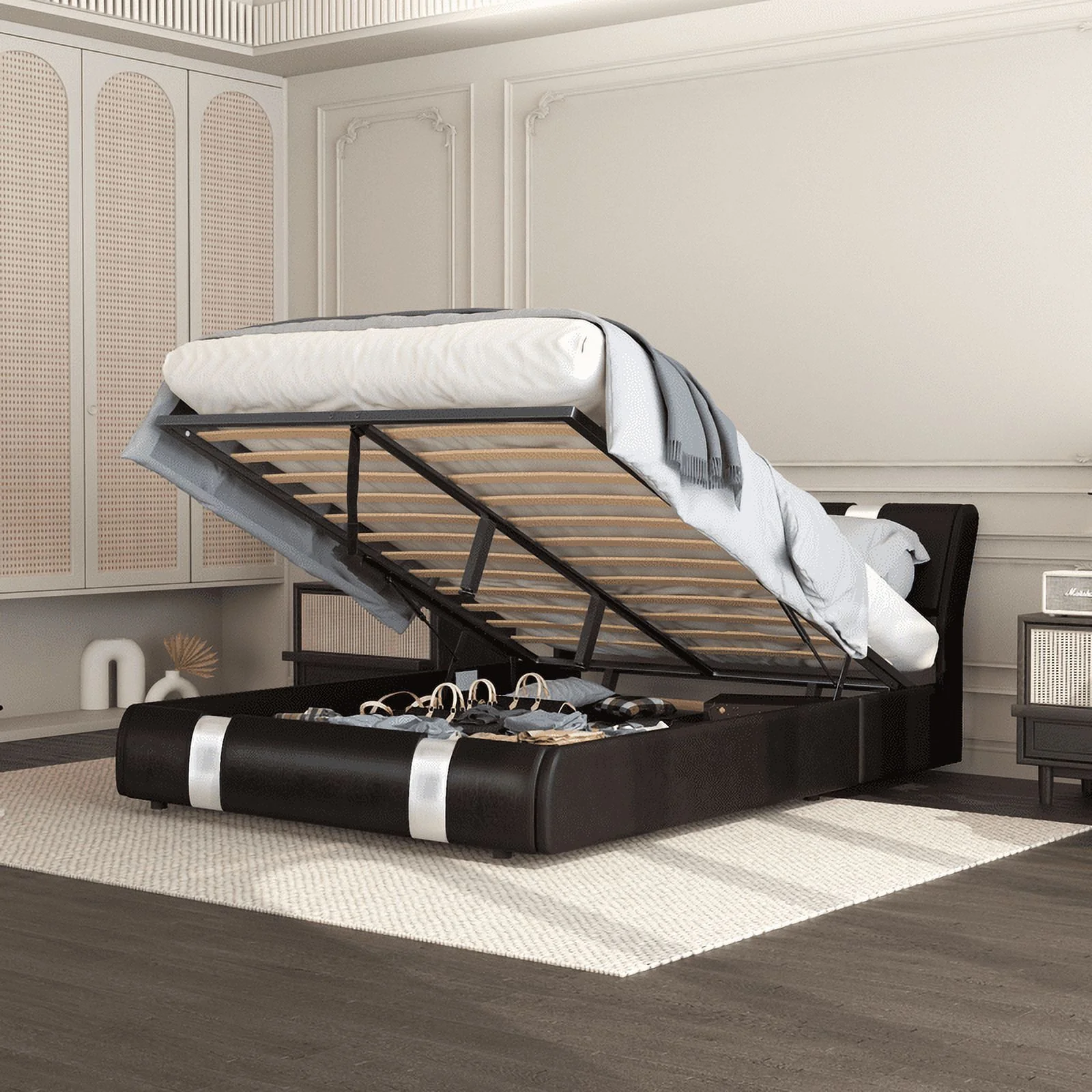 Brown Queen Size Faux Leather Upholstered Platform Bed with Lift Up Storage