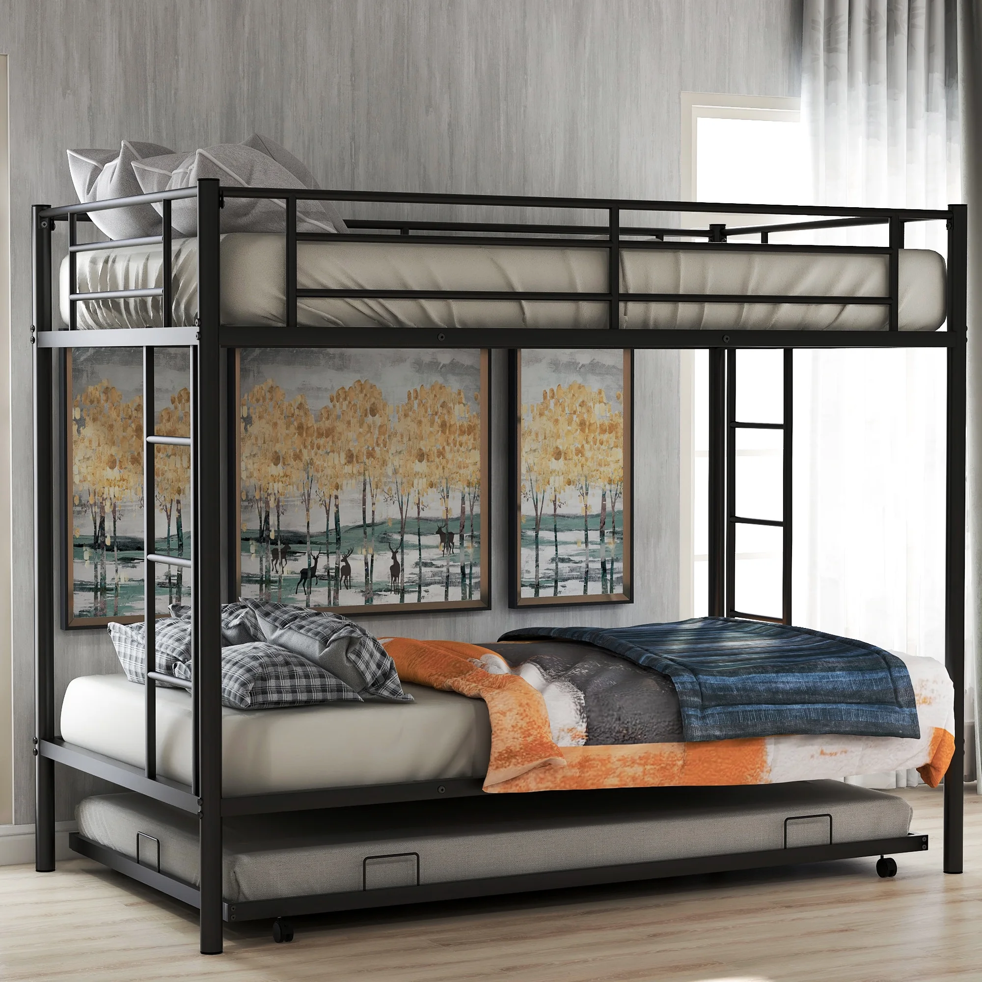 CHURANTY Twin Over Twin bunk Bed with Trundle,Metal Bunk Bed Frame with 2 Side Ladders, Safety Guard Rails for Kids/Teens/Children/Adults, Black