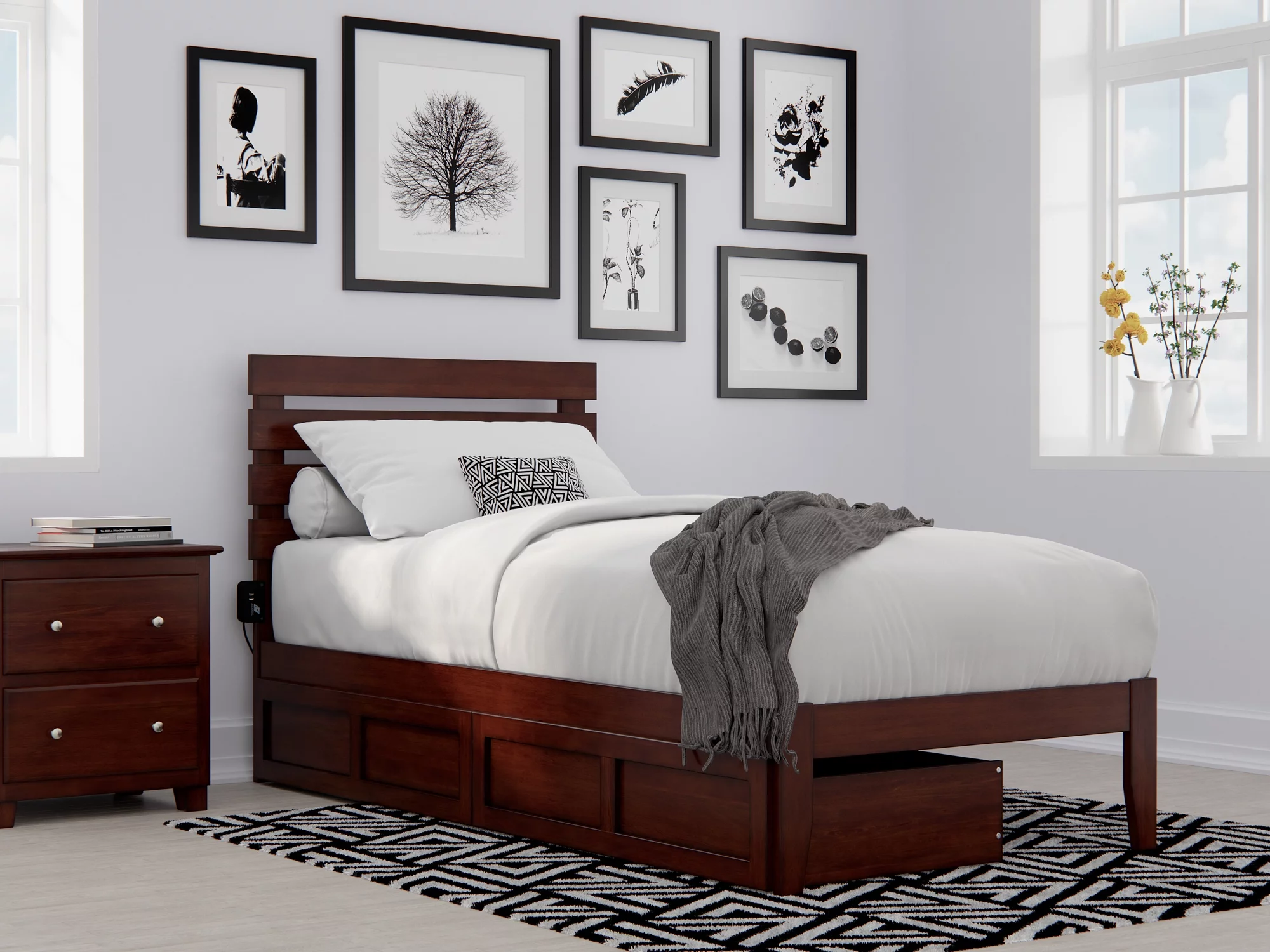 Oxford Twin Extra Long Bed with USB Turbo Charger and 2 Extra Long Drawers in Walnut
