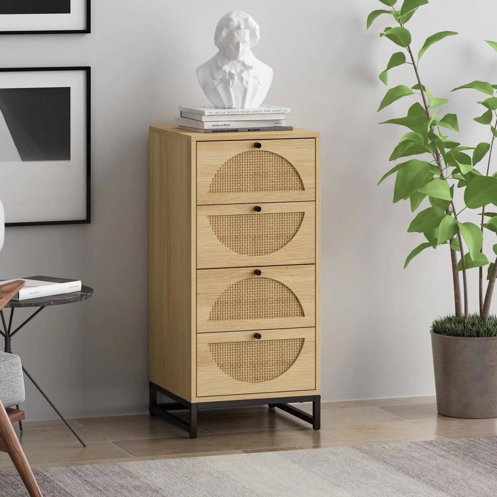 Mieres 4 Drawer Classic Cabinet with Rattan Element Standing Cabinet with Metal Base for Study, Living Room, Bedroom - N/A Natural/Size-18.9