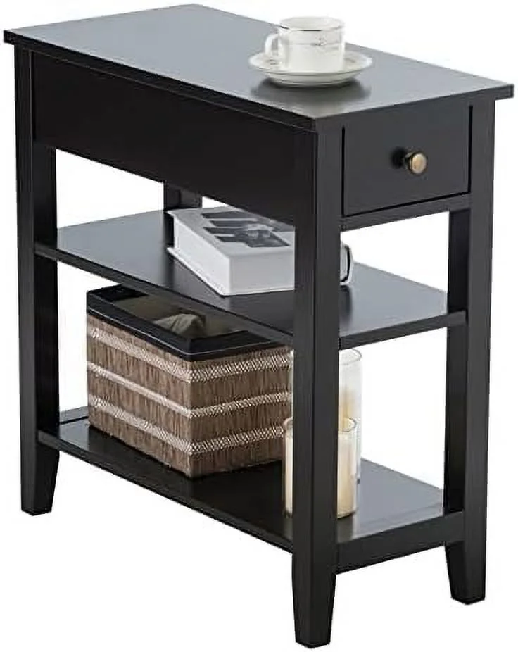 End Table Set of 2 with Drawer and Open Shelf Narrow Side Table Slim Bedside Table 3-Tier Nightstand for Living Room Bedroom Office (Black)