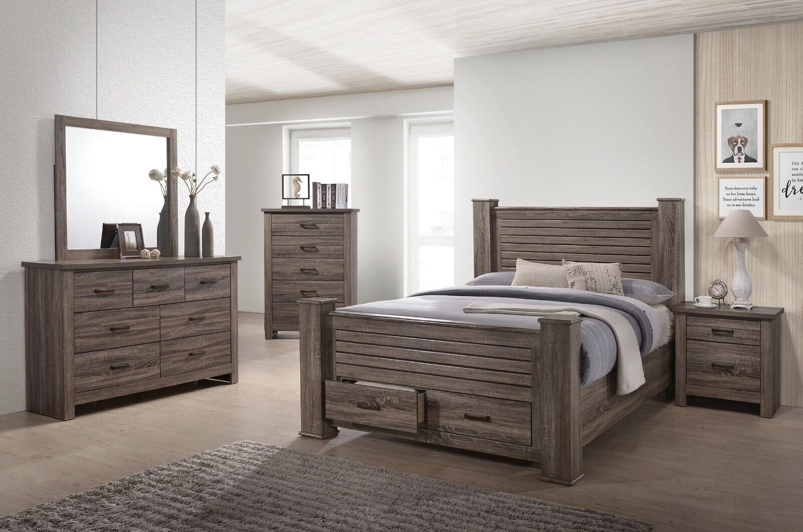 Transitional Wooden 6pc Bedroom Set Queen Size Bed w Drawers Dresser Mirror 2x Nightstands Chest Bedroom Furniture
