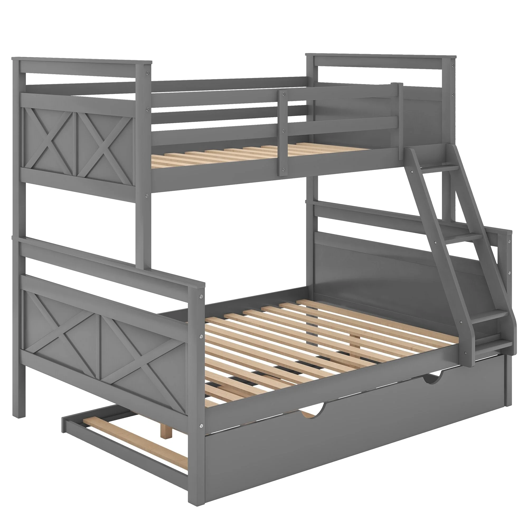 BESTCOSTY Twin over Full Bunk Bed with Ladder and Safety Guardrail Grey
