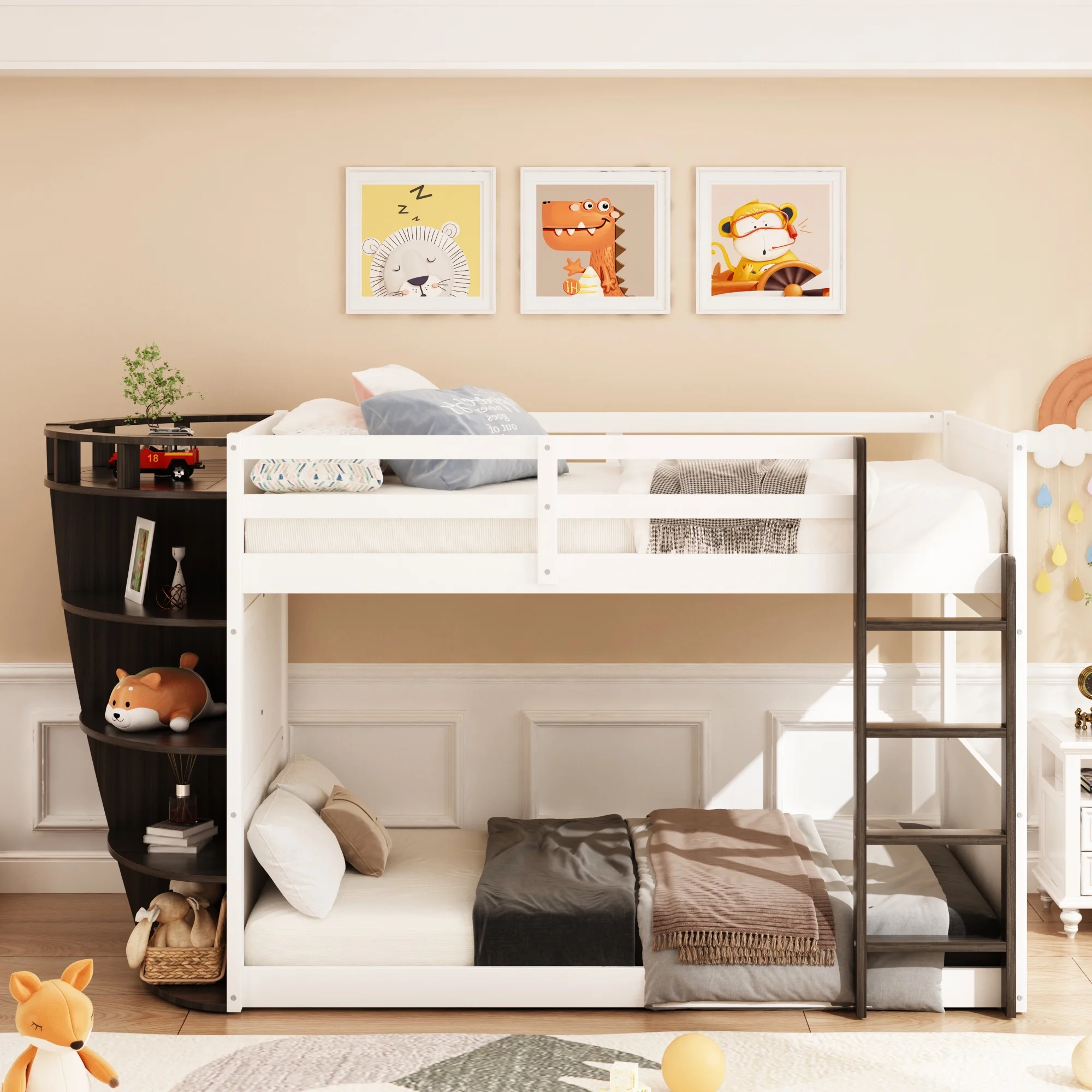 Bunk Bed Boat-Like Shape Design with Storage Shelves, Wooden Frame for Kids Teens (Espresso)