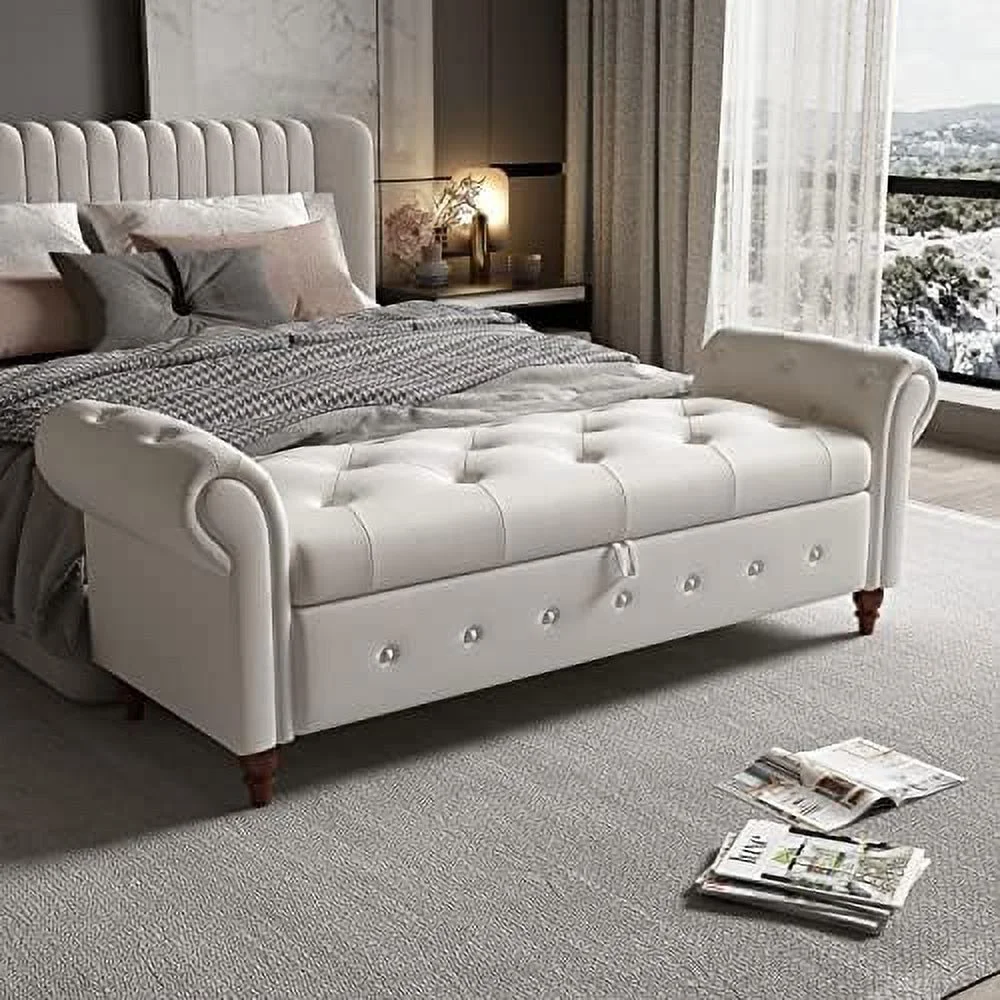 KHBIULIFE Bench for Bedroom Velvet Upholstered Bed Ottoman with Rolled Armed Button Tufted Design Long Bench for Bed Window Living Room Grey