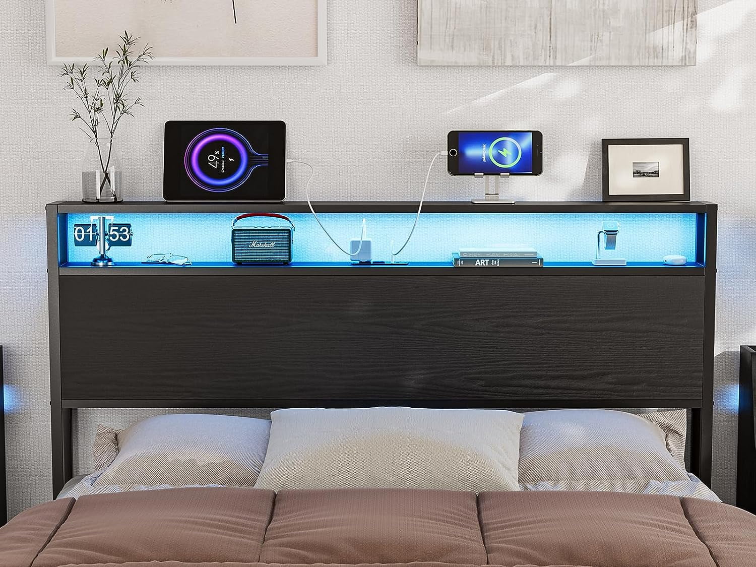 IKIFLY Full Size Storage Headboard with LED Lights & Charging Station - Industrial Metal and Wood Full Headboard Only for Bedroom, Attach Frame, Easy Assembly - Black