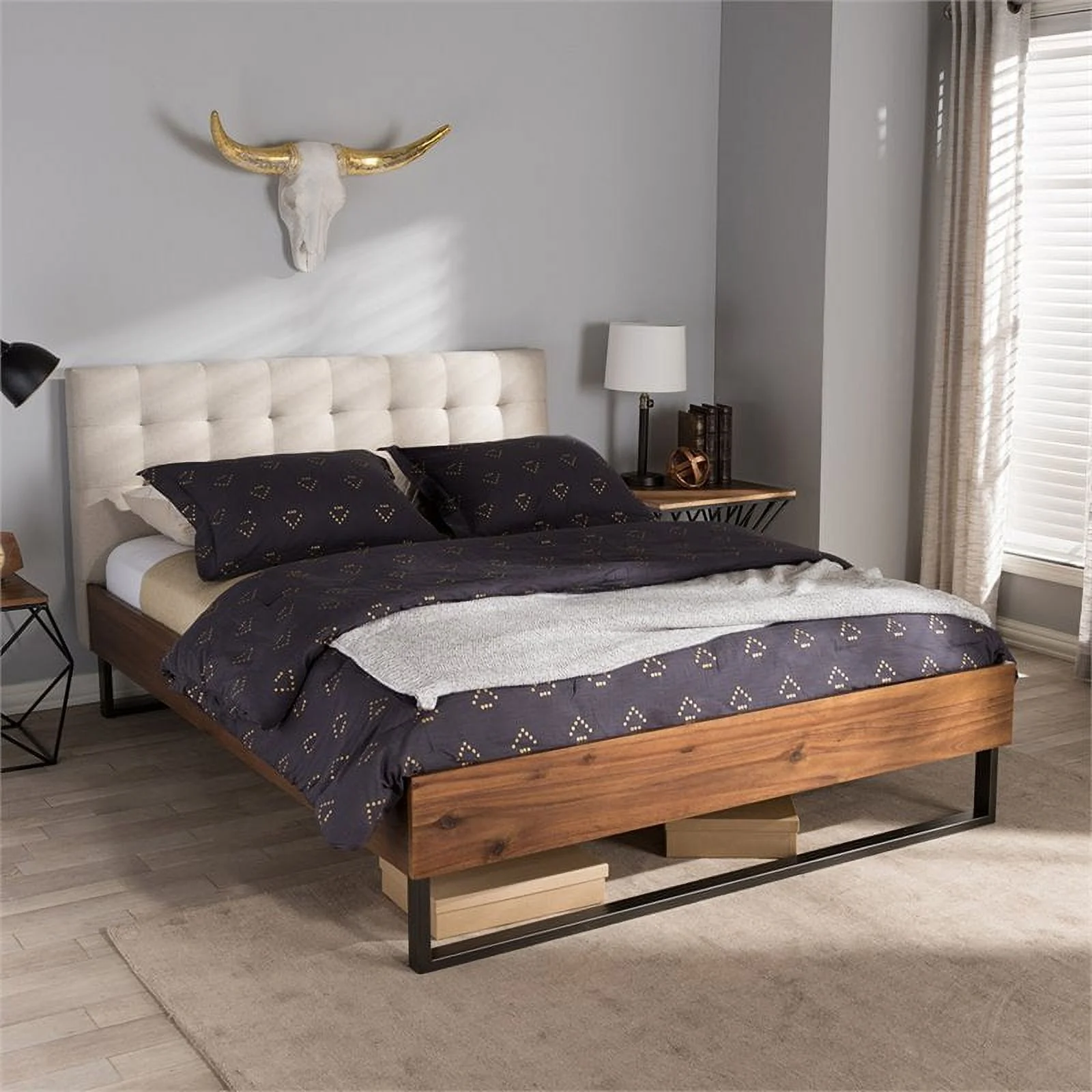 Bowery Hill Rustic Industrial Faux Leather King Platform Bed in White