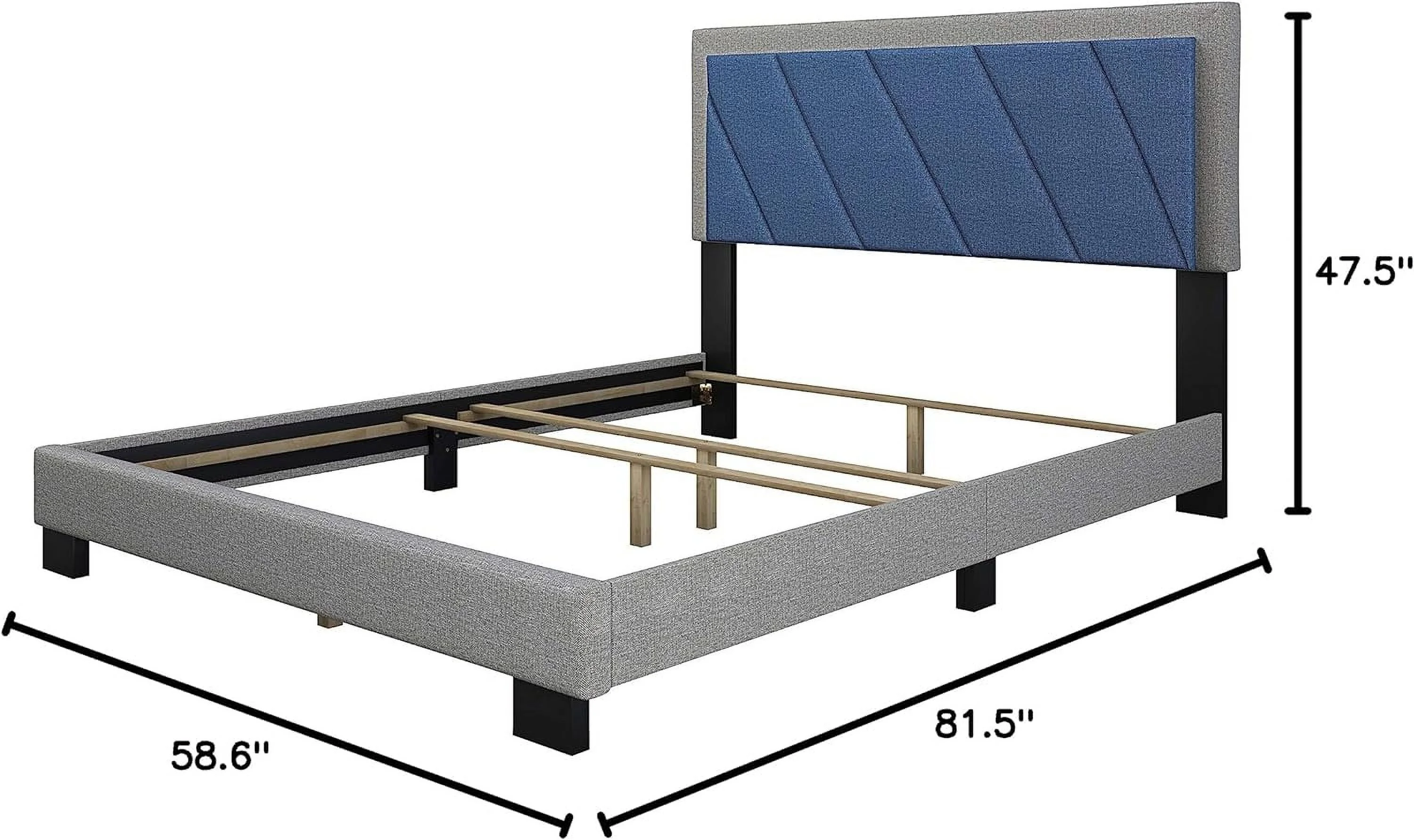 Diagonal Upholstered Platform Bed With Headboard - Durable Full Size Mattress Foundation, Strong 4 Wood Slat Supports, Box Spring Required, Blue/Gray