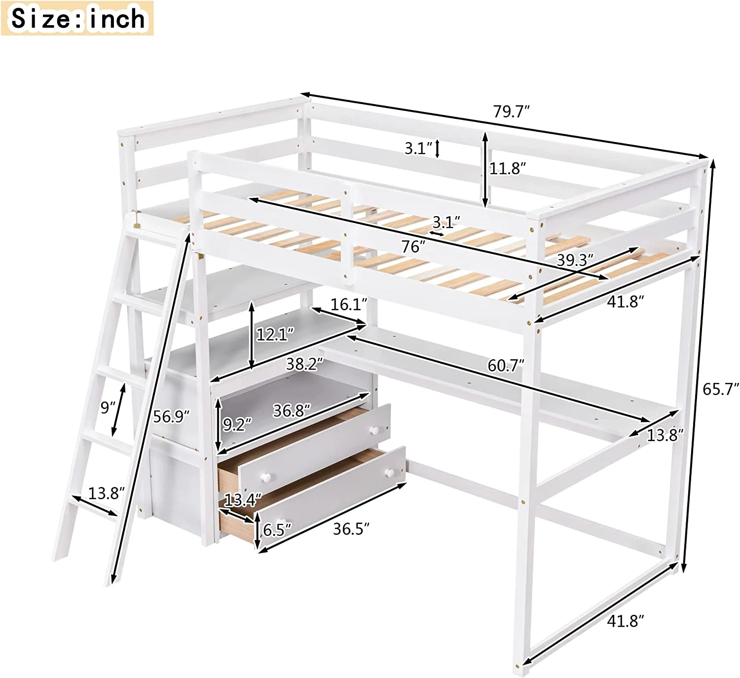 Loft Bed With Desk, Size Loft Beds With Shelves And Drawers,Wooden Bed Frame For Kids Teens Boys And Girls,No Box Spring Needed(White), White Wtih Desk