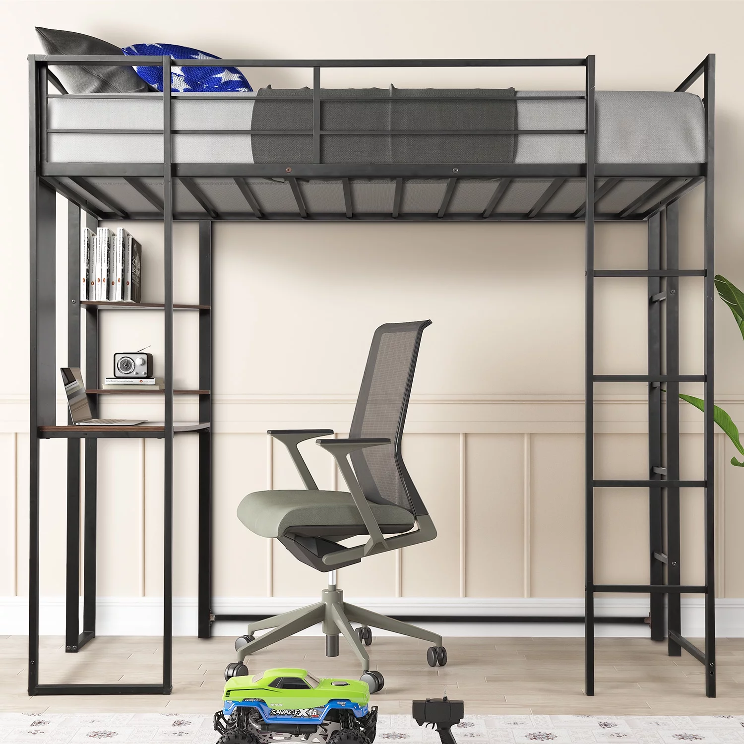Modern Metal Pipe Twin Size Loft Bed with 2 Shelves and one Desk Kids Bunk Bed Bedroom Storage Guard Rail Ladder