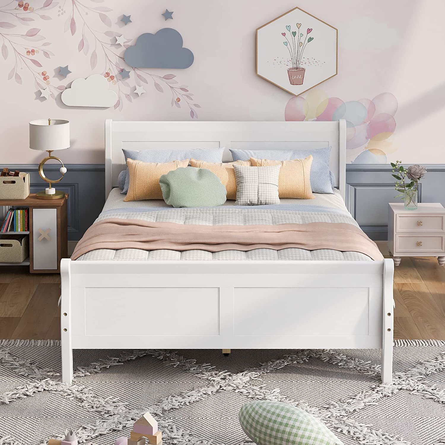 Queen Bed Frame With Headboard, Wood Platform Bed Frame Queen Size Sleige Bed With Slats Set And Extra Supporting Legs,No Box-Spring Needed
