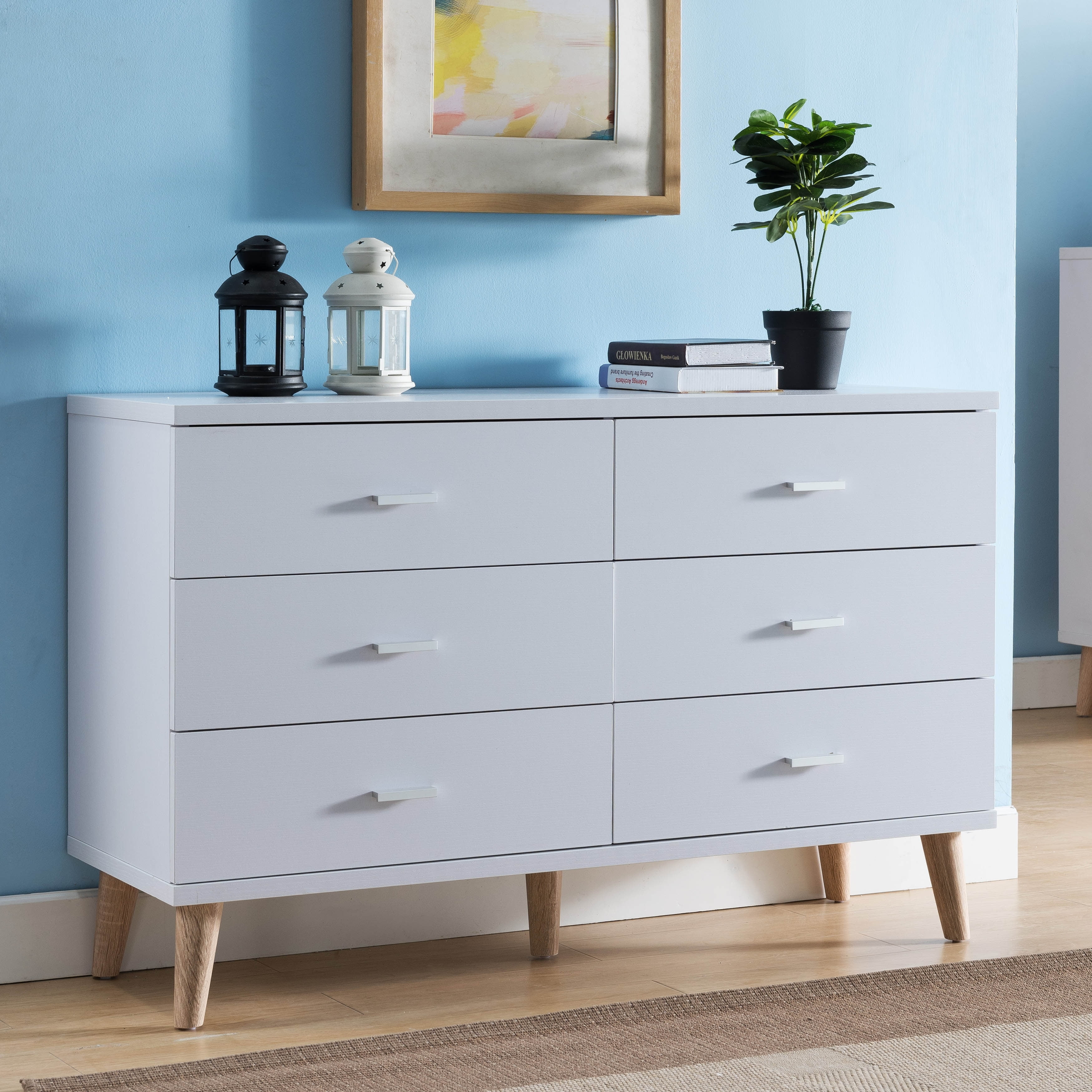 Denhour DH BASIC Mid-Century Modern White 47-inch Wide 6-Drawer Dresser with Bar Pulls by