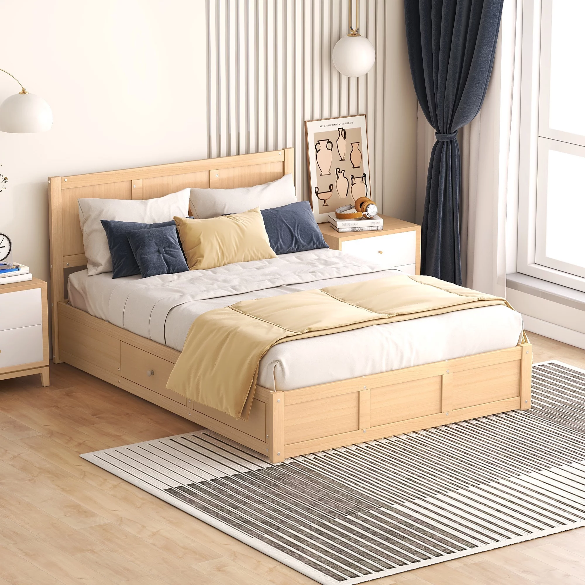 CoSoTower Full Size Wood Platform Bed with Underneath Storage and 2 Drawers, Wood Color