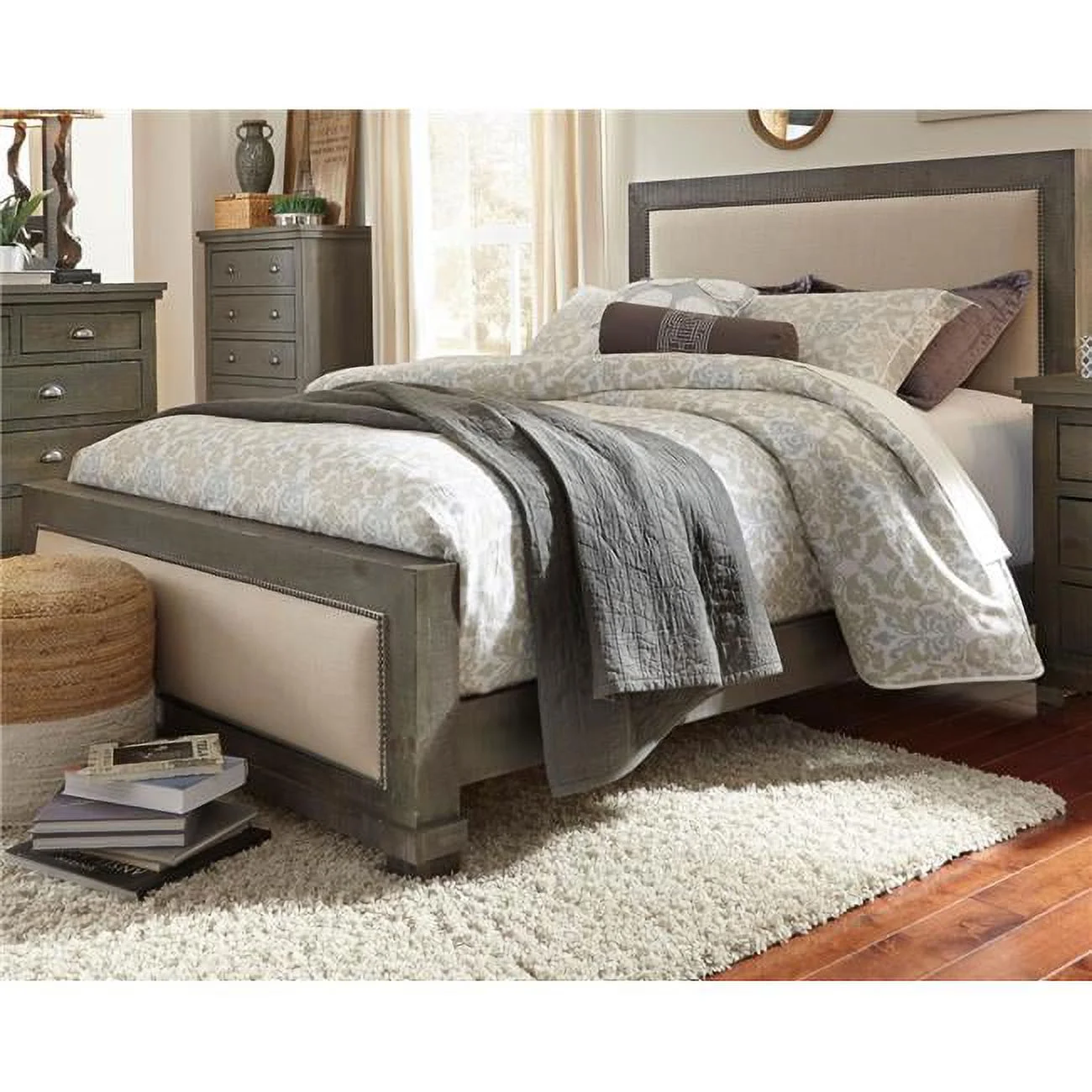P600-80-81-78 Bedroom Slat Bed, Distressed Dark Grey - King Size