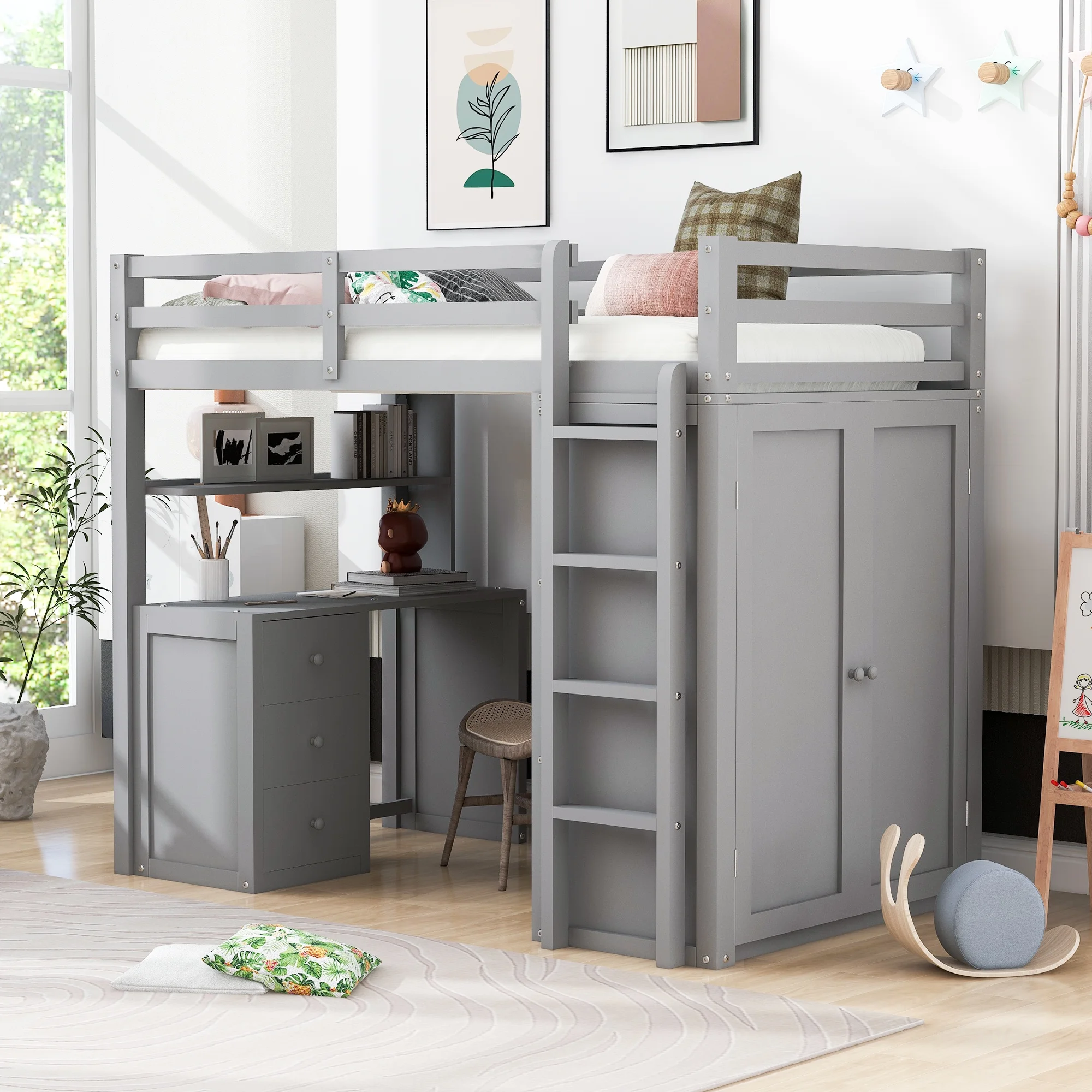 Wooden Twin Size Loft Bed for Kids, Twin Loft Bed with Drawers, Desk, Wardrobe, Ladder & Safety Rails, Modern Bedroom Space Saving Loft Bed Frame with Storage, No Box Spring Needed, Gray