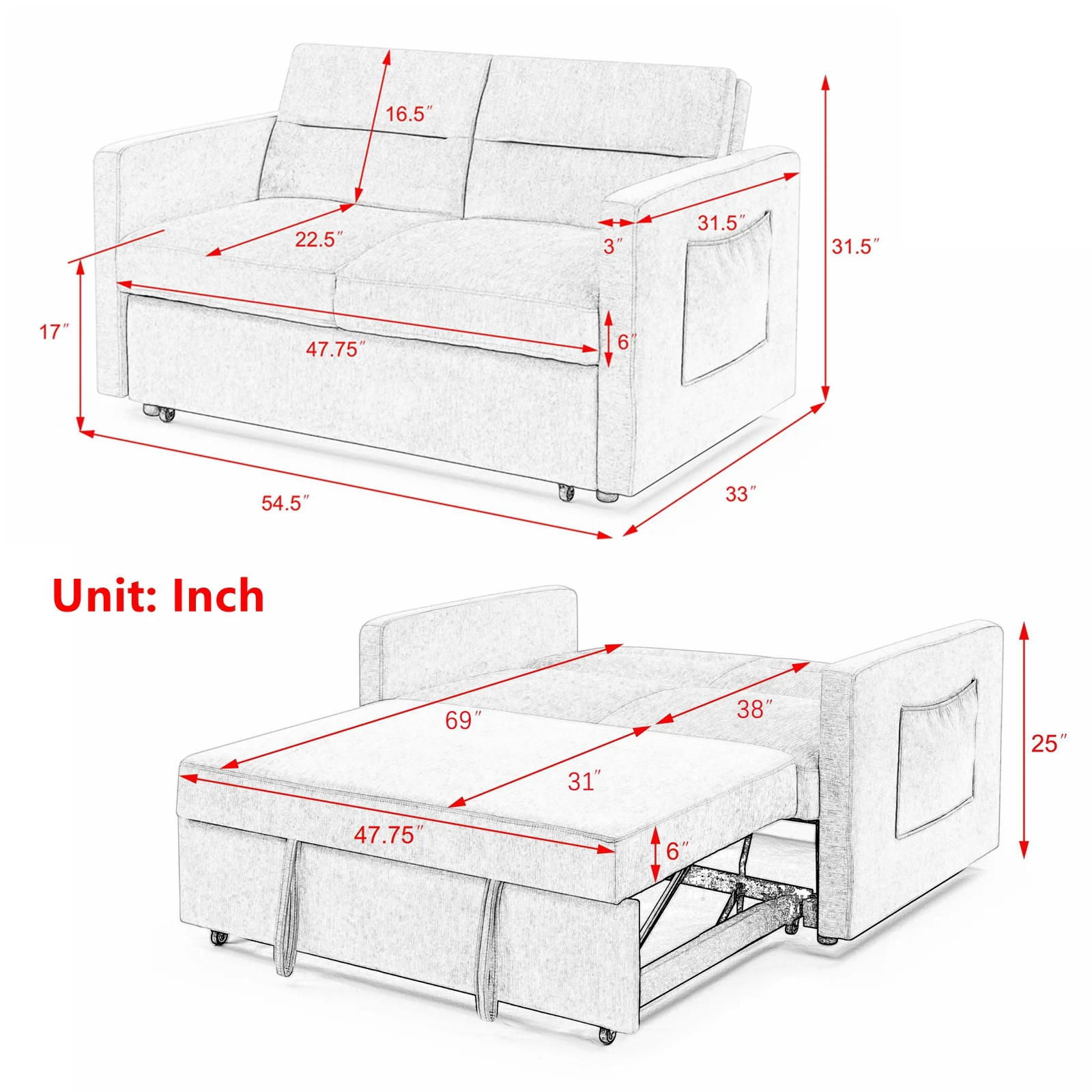 Infirleo Pull Out Sofa Sleeper, Modern 3 in 1 Convertible Sleeper Sofa Bed with Side Pockets, Velvet Upholstery Loveseat Couch with Pull Out Bed For Home Office Apartment, Blue