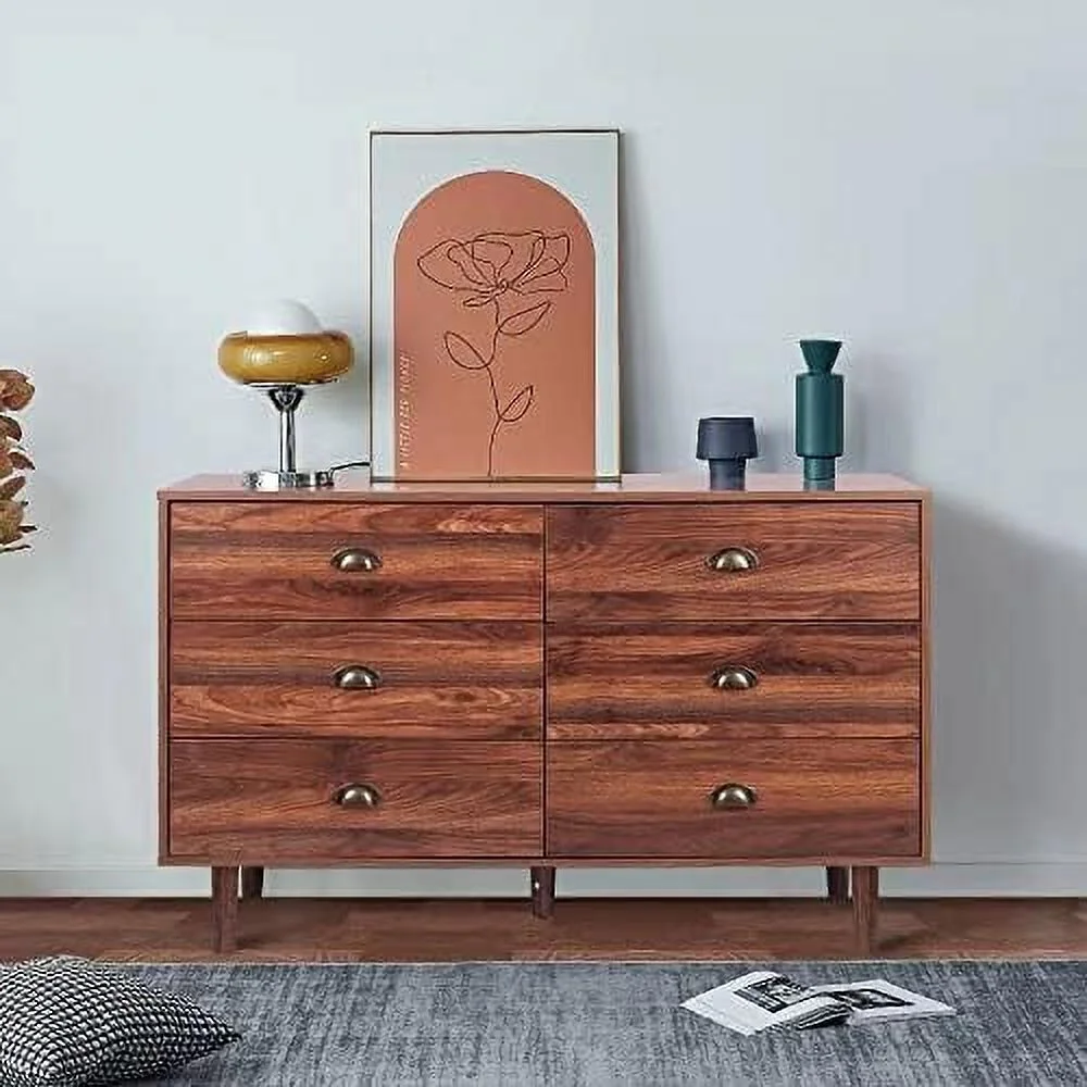 KHBIULIFE Wood 6 Drawers Dresser for Bedroom Mid Century Modern Chests of Drawer with Metal Handles (White1)