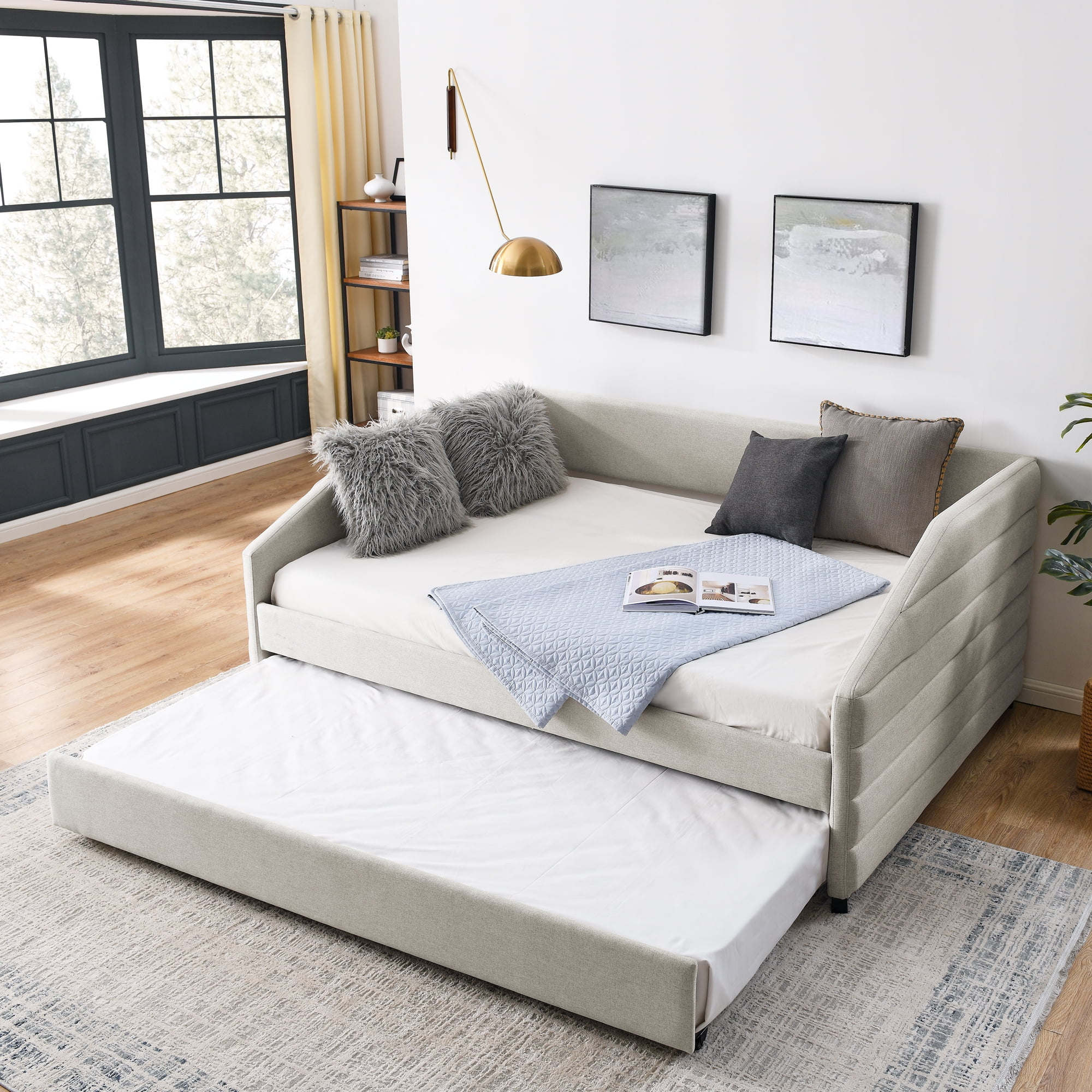 Muumblus Full Size Daybed with Trundle, Modern Upholstered Trundle Bed, Pull Out Sofa Bed for Bedroom, Living Room, Not Box Spring Required, Beige, Linen