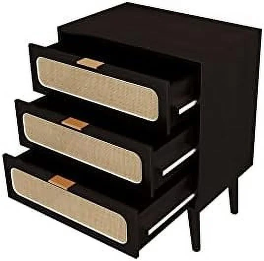 TJUNBOLIFE 2 Sets of Rattan Nightstand Dresser Chest of 3 Drawers  Wood  Dresser Cabinet Organizer Unit for Bedroom Living Room Closet Office(Black)