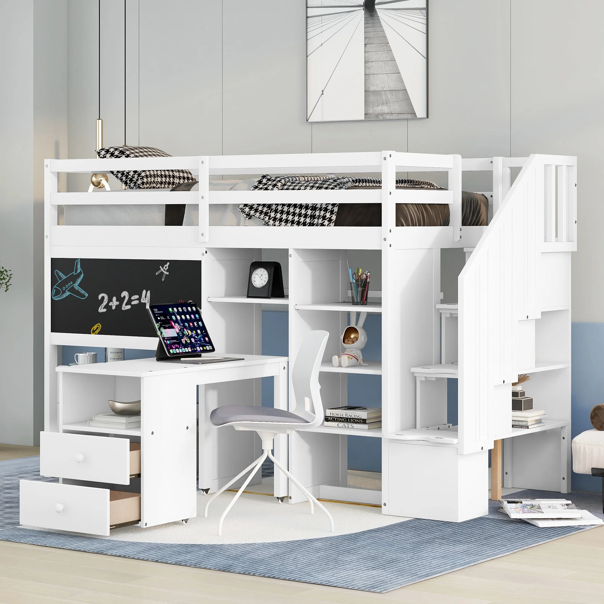 CoSoTower Twin Size Loft Bed with Pullable Desk and Storage Shelves, Staircase and Blackboard, White