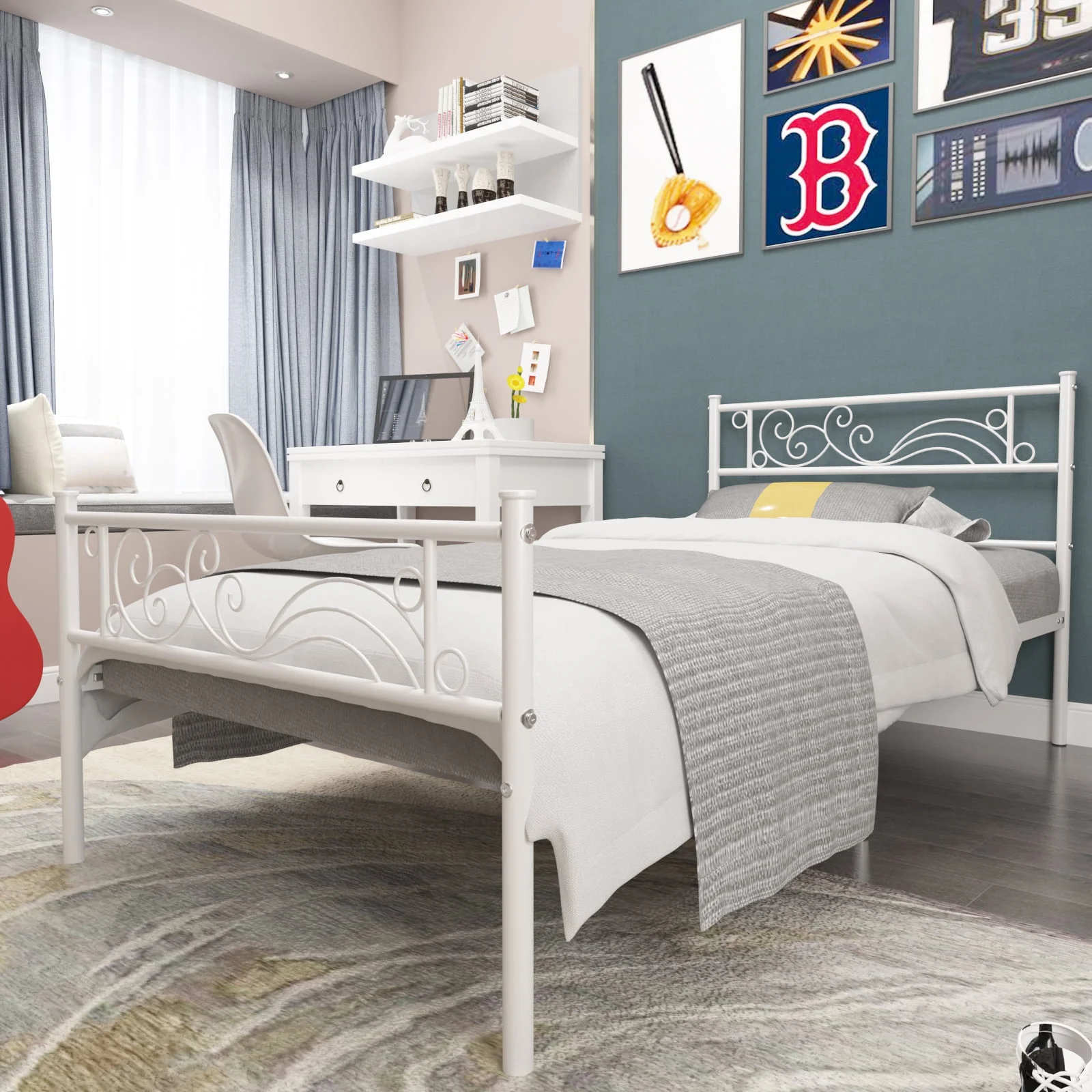 Metal Platform Bed Frame Twin Size Single Bed frame with Wave Headboard & Footboard Bedroom