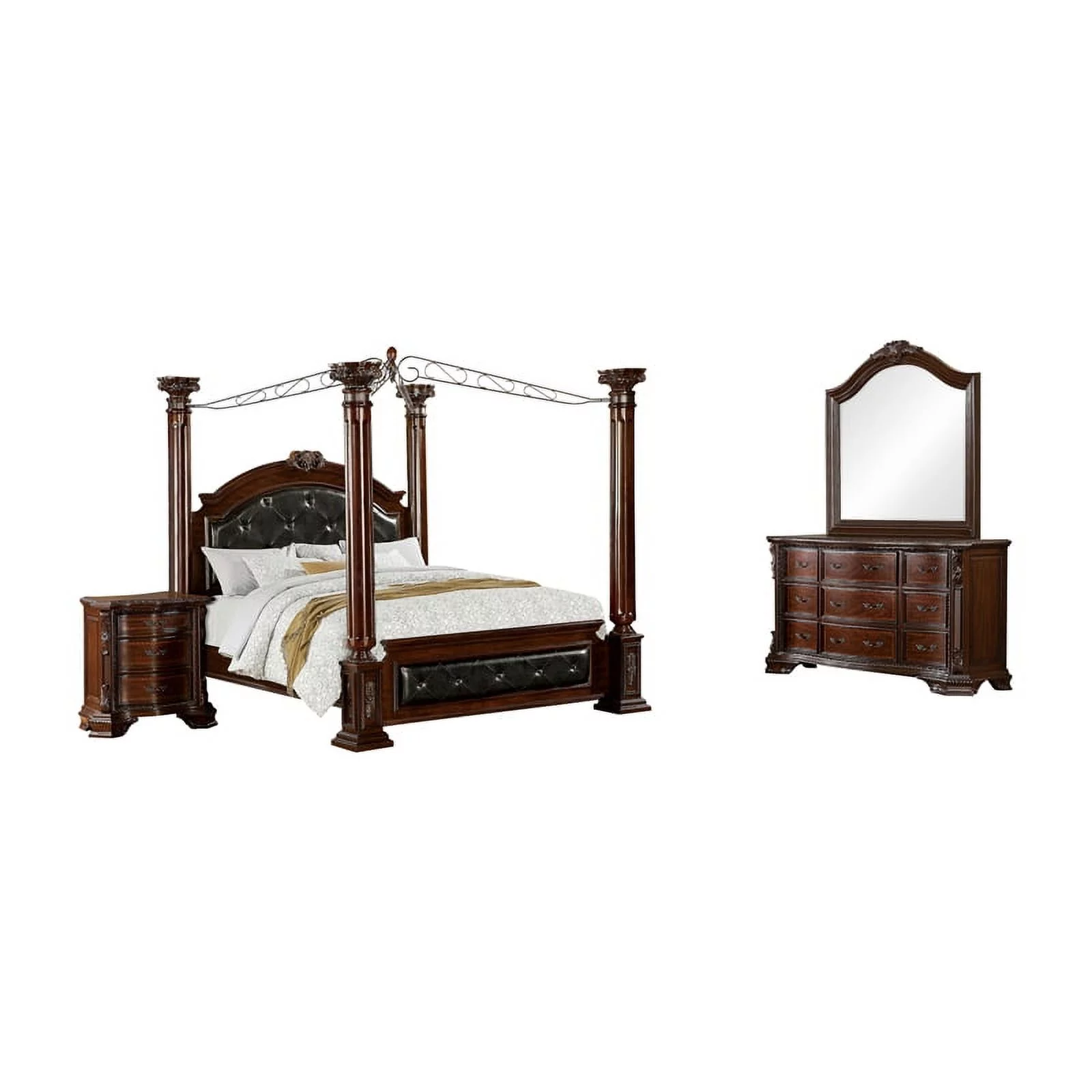 FOA Eckel 4pc Brown Cherry Wood Bedroom Set - King+Nightstand+Dresser+Mirror
