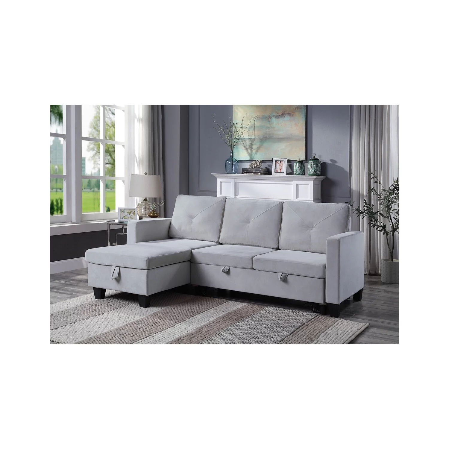 Lilola Home Nova Velvet Reversible Sleeper Sectional with Storage in Light Gray