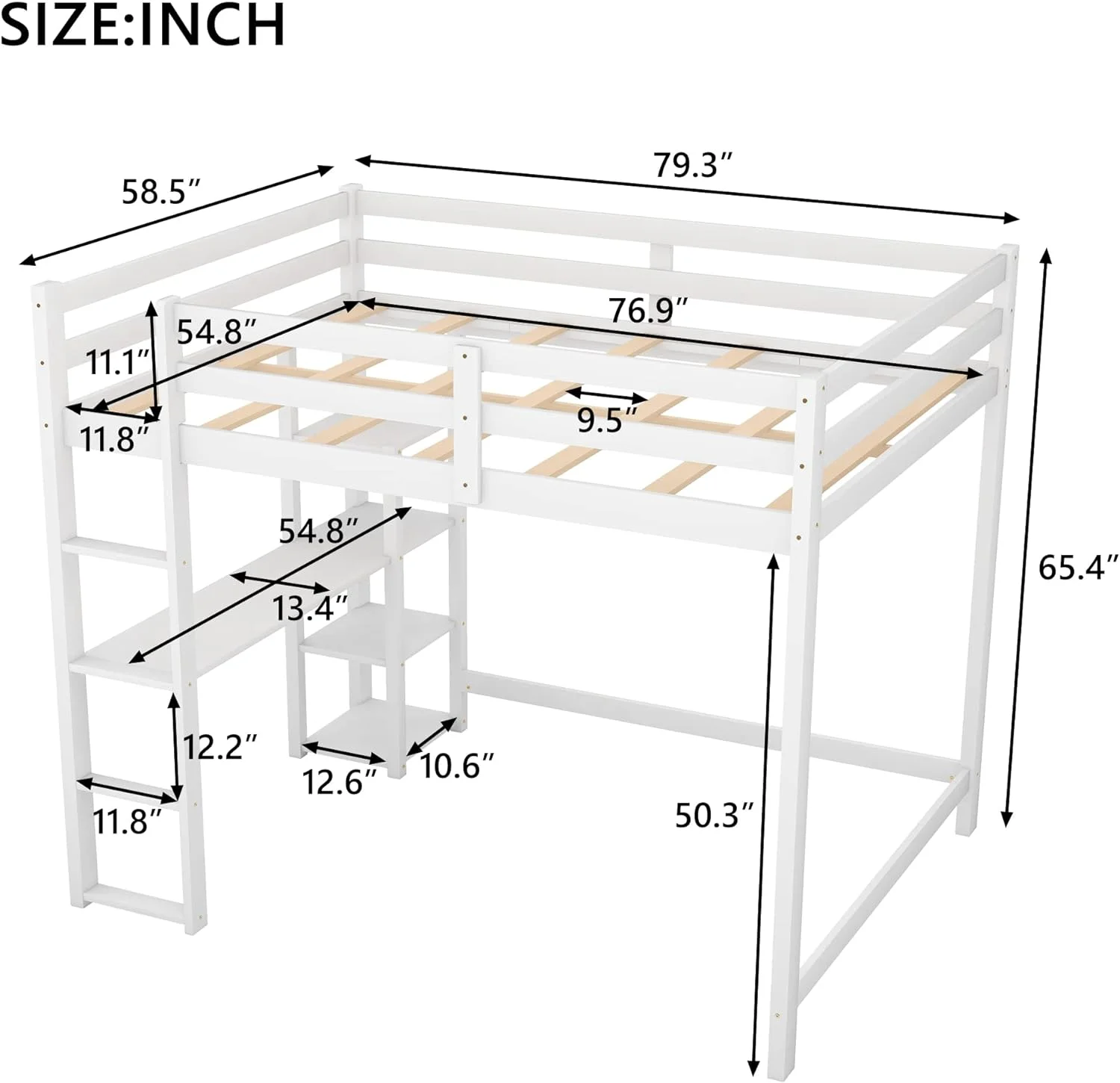 Full Size Loft Bed With Desk And Shelves, Solid Wood Loft Bed Frame With Storage For Kids Teens Adults, Wood Slats Support (White)