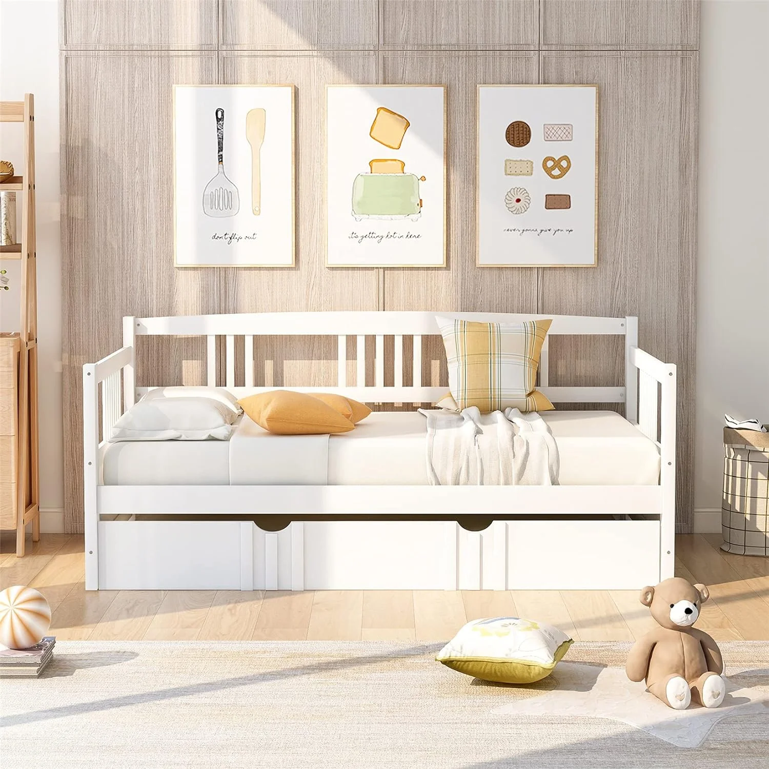 Daybed With Trundle, Wood Day Bed Frame, Size Sofa Bed For Living Room Guest Room Bedroom, White