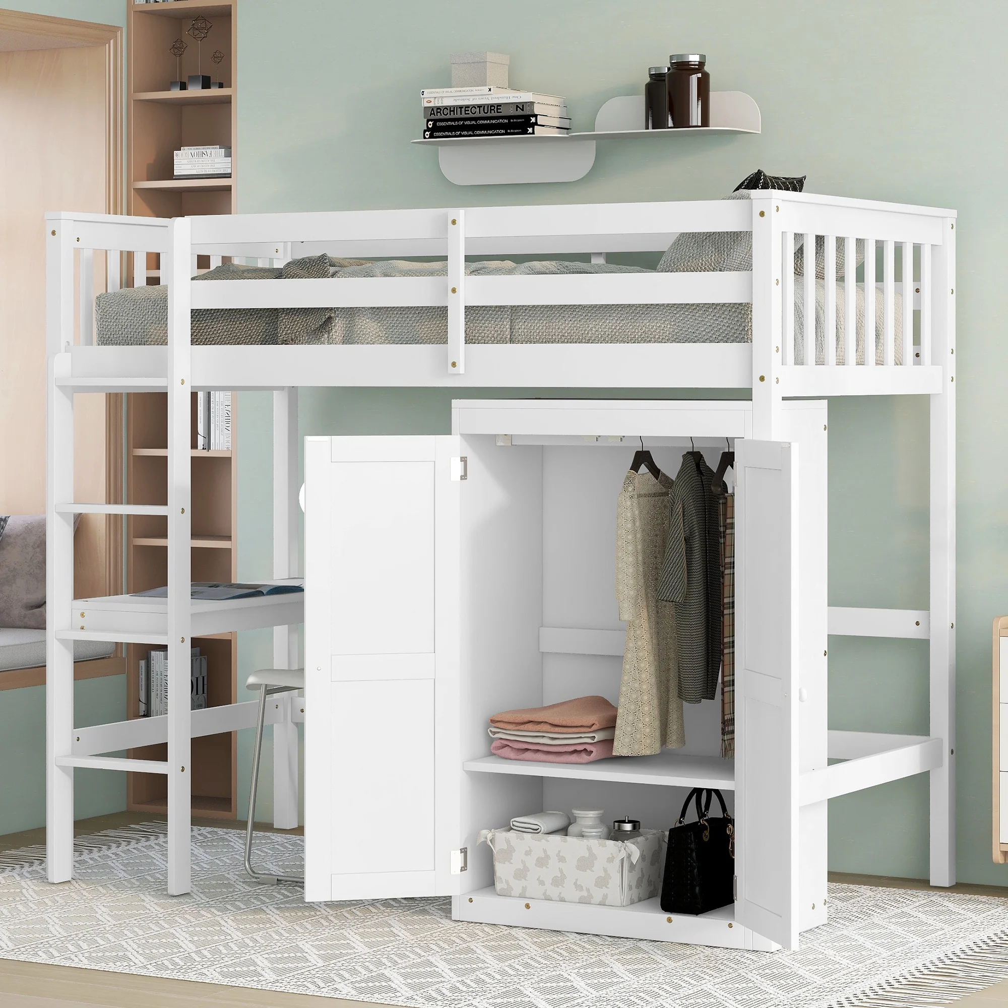 paproos Loft Bed with Storage, Wooden Twin Size Loft Bed Frame with Desk and Wardrobe, Space Saving, Twin Wood Loft Bed for Kids Teens Adults, White