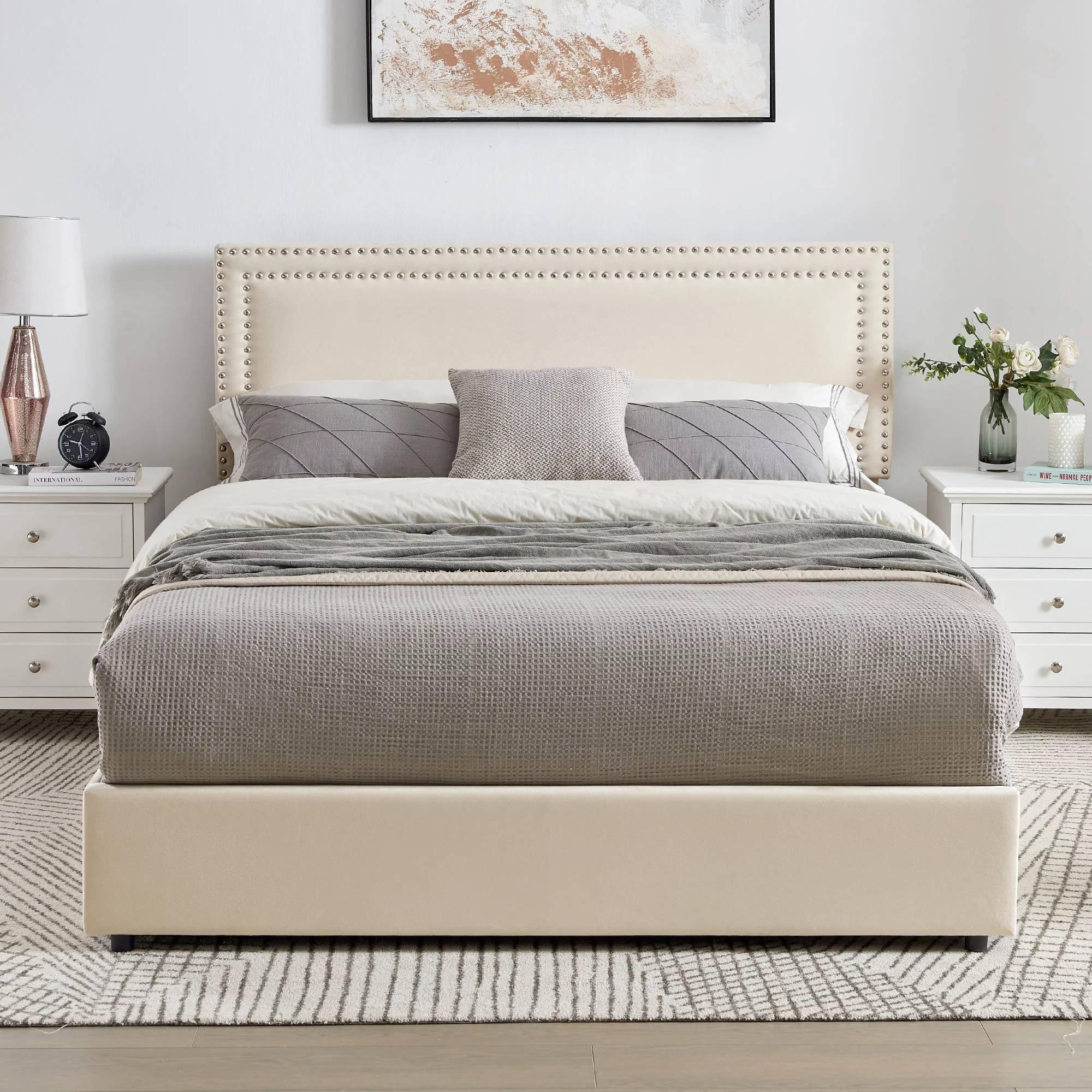 Taomika, Platform Bed Frame with 5 Storage Drawers, Adjustable Upholstered Headboard， Qull Size Bed-Beige