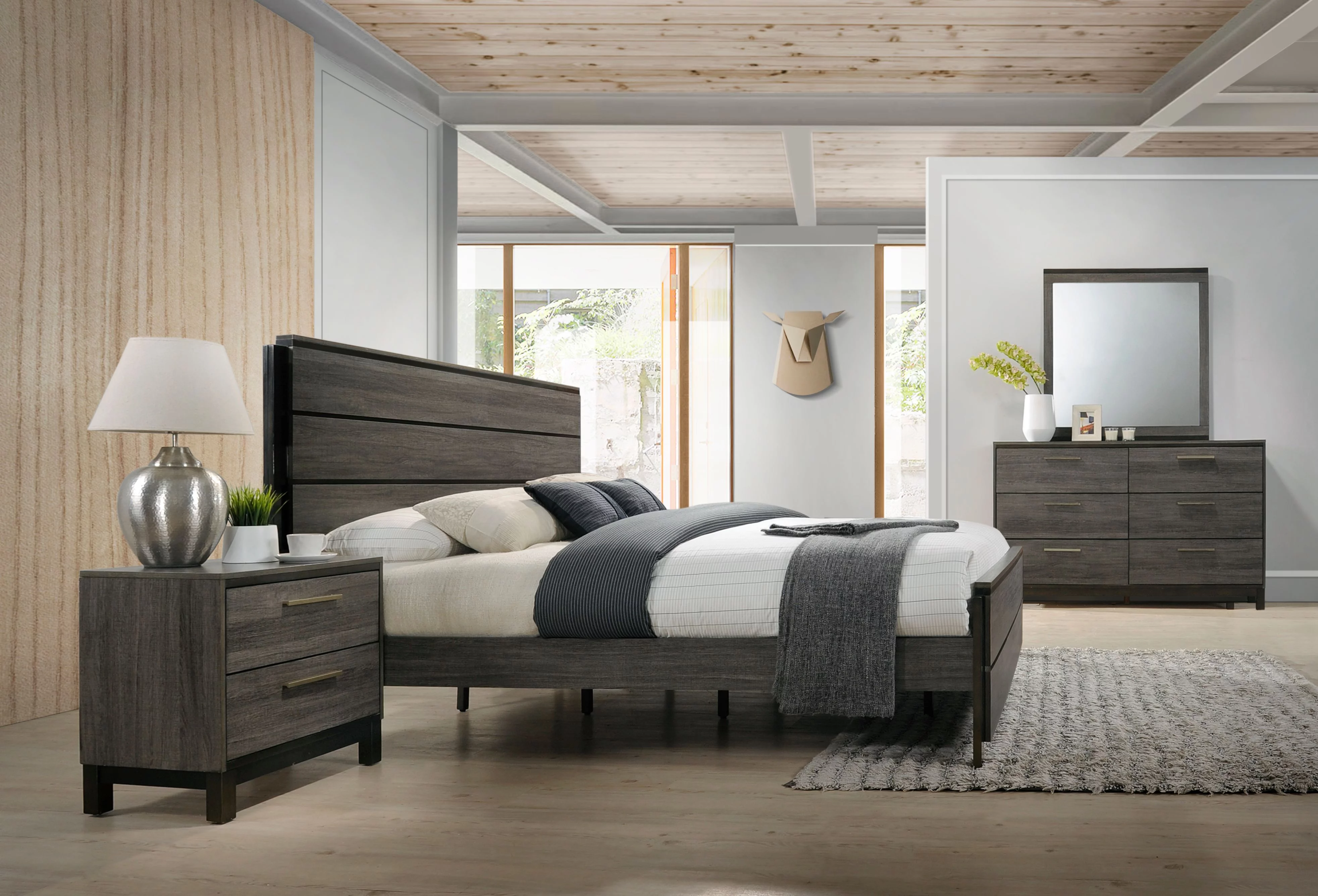 Roundhill Ioana Antique Grey Finish Wood Bed Room Set, King Size Bed, Dresser, Mirror, Night Stand