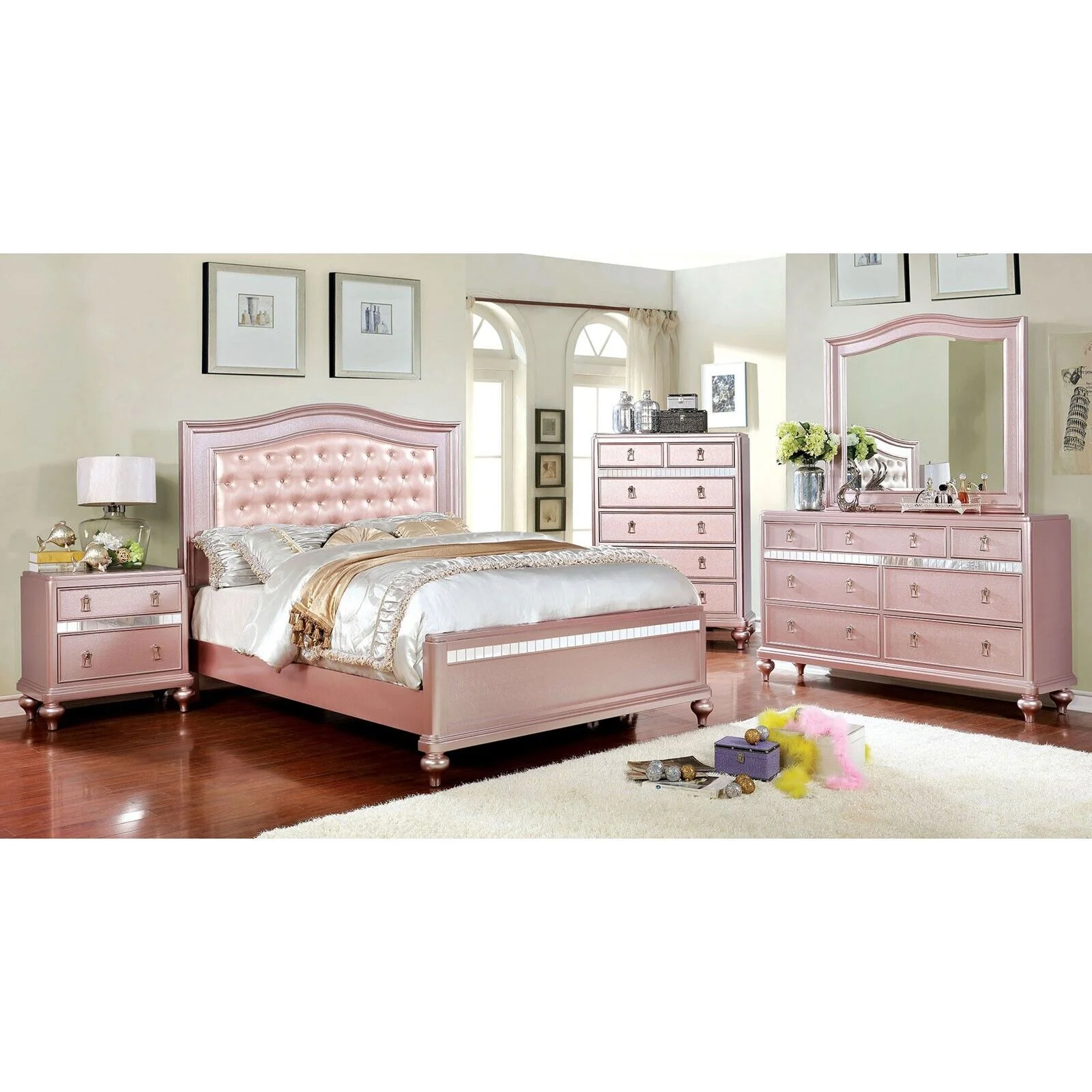 Contemporary Rose Gold Full Size Bed Dresser Mirror Nightstand 4pc Set Padded Headboard Tufted Bedroom Furniture Solid wood