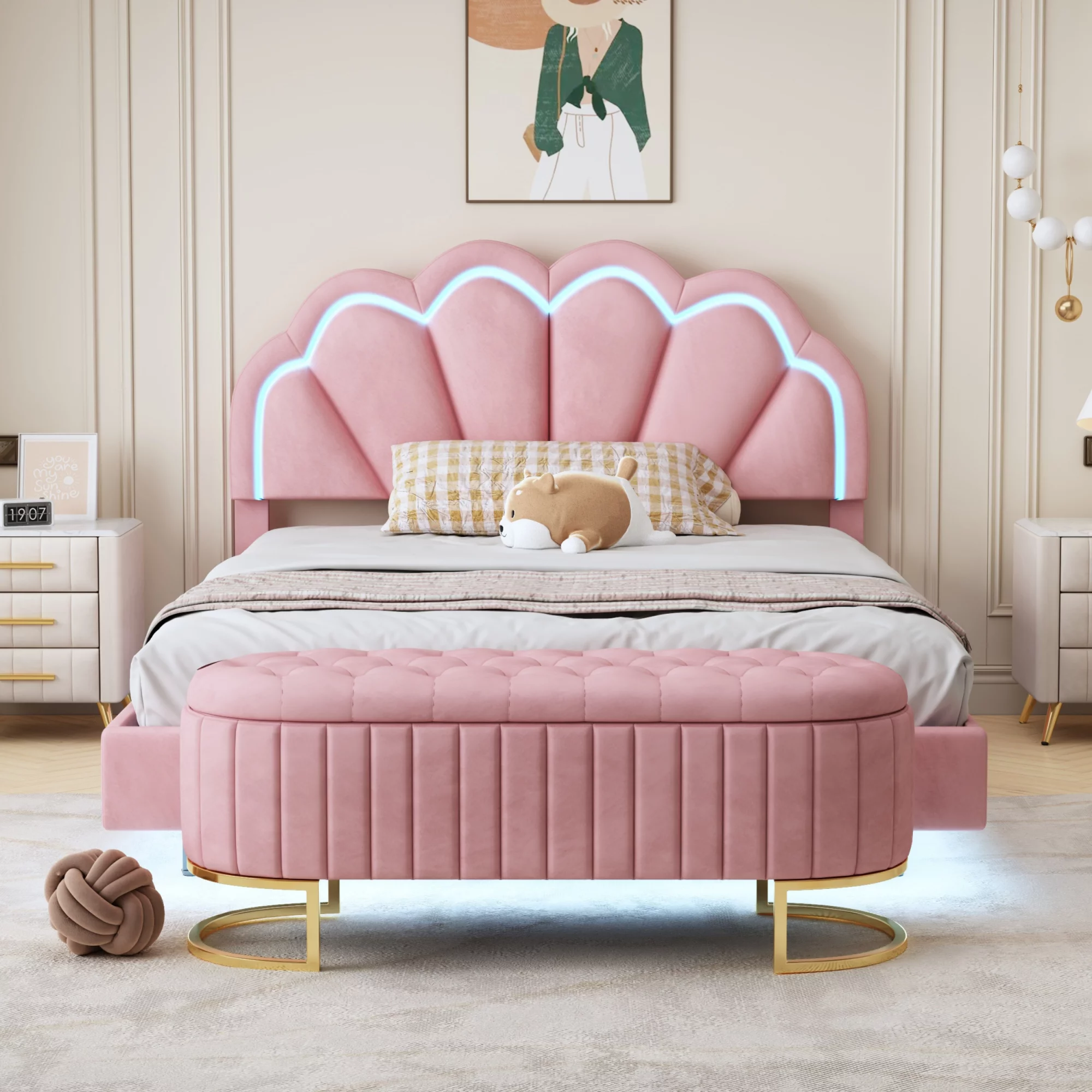 CoSoTower 2-Pieces Bedroom Sets Full Size Upholstered LED Platform Bed with Storage Ottoman-Velvet,Pink