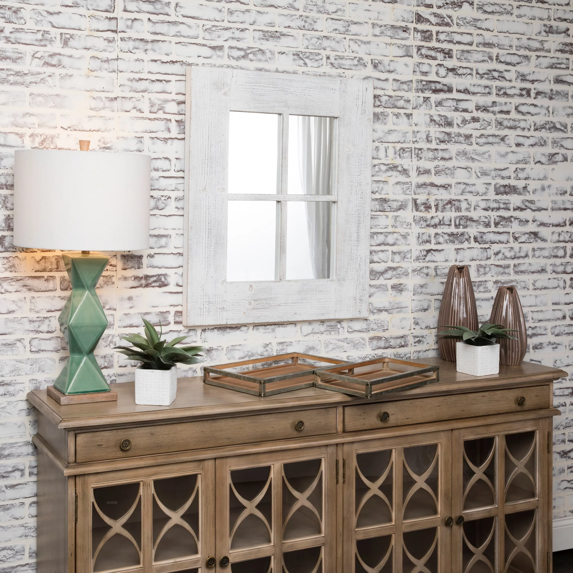 Crestview Collection 4 Pane Mirror Whitewashed Wood Wall Mirror - 1.75x29.5x36