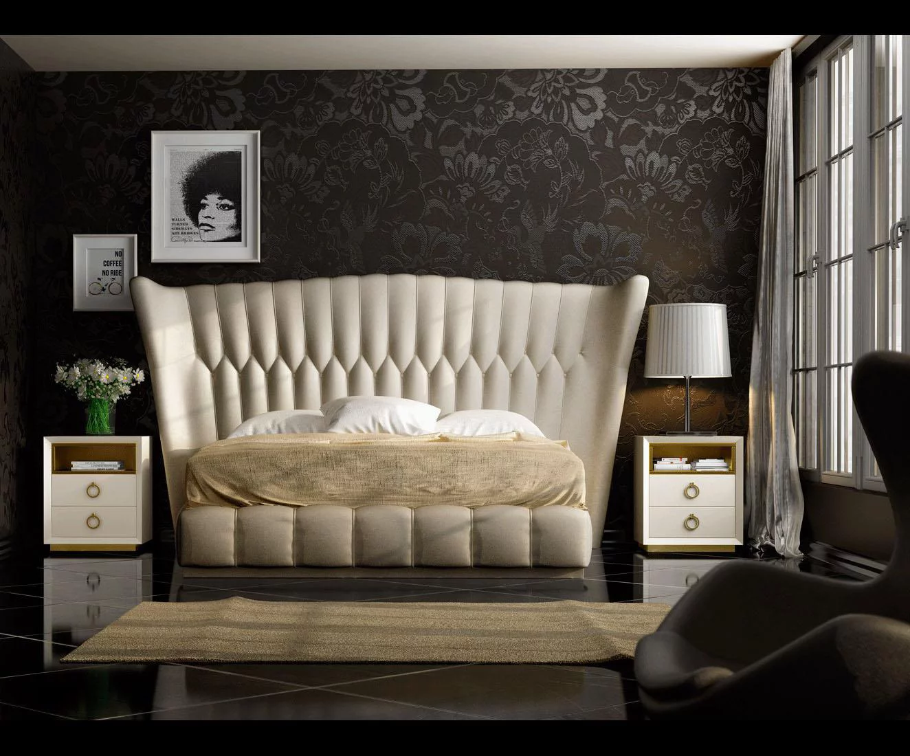 Sand Eco Leather Tufted King Bedroom Set 3Pcs Made in Spain ESF Velvet